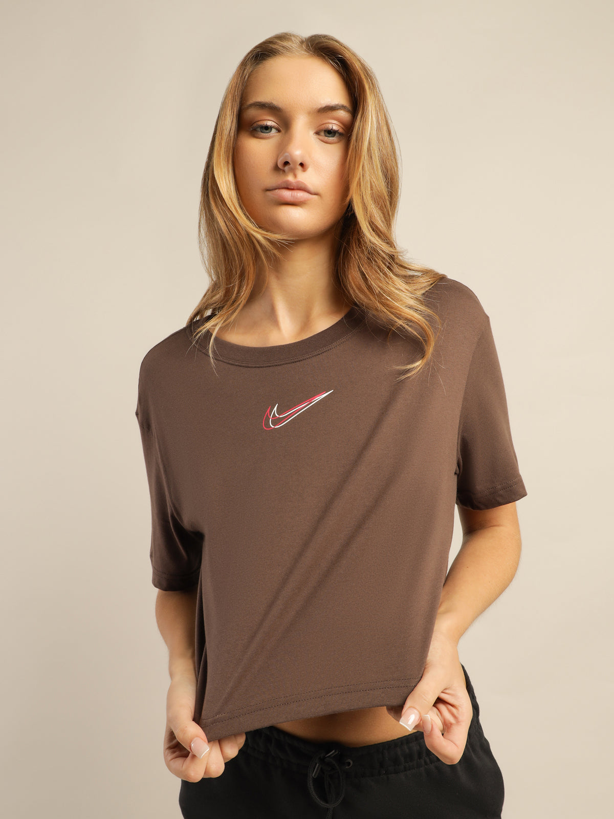 Nike Sportswear Crop Short Sleeve T-Shirt in Baroque Brown &amp; White