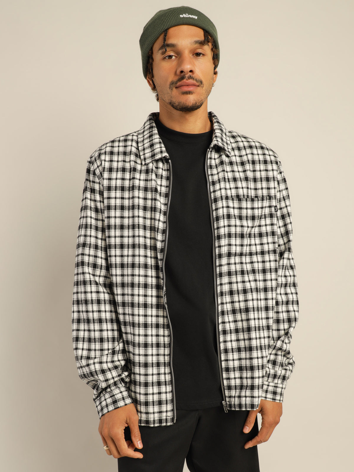 Long Sleeve Check Zip Up in White