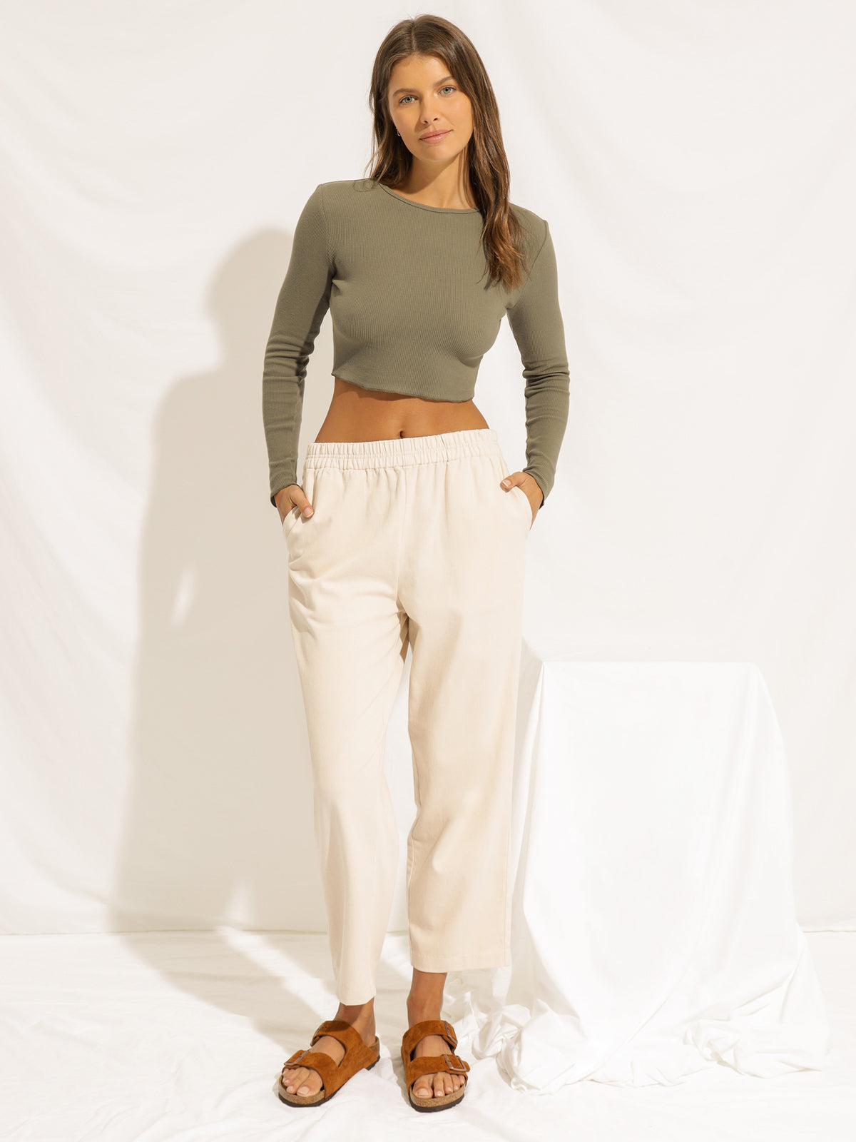 Cameron Long Sleeve Waffle Crop in Willow Green