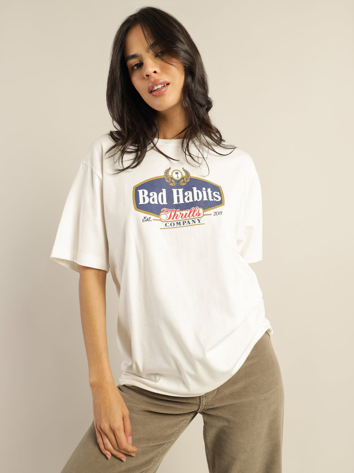 Bad Habits Die Hard Merch Fit T-Shirt in Dirty White