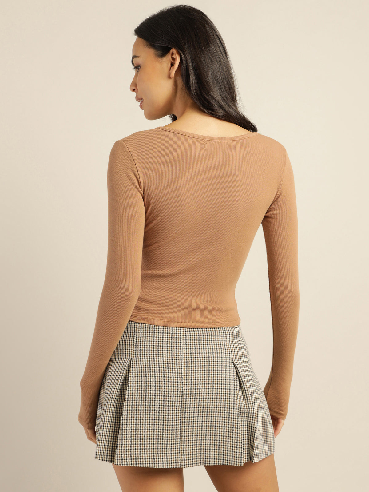 Tina Notch Front Long Sleeve T-Shirt in Toffee