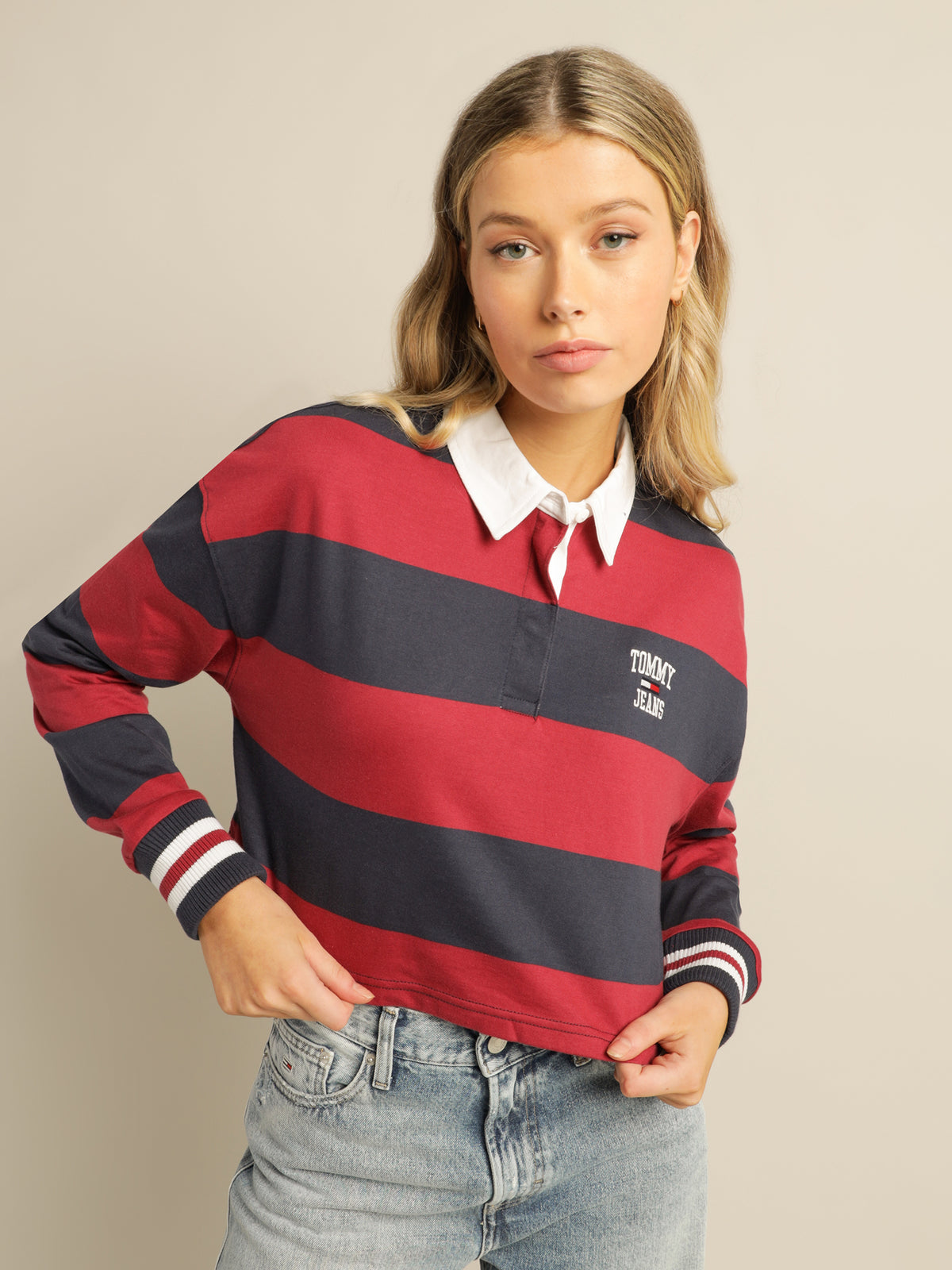 Cropped Long Sleeve Polo in Cranberry Red, White &amp; Blue Stripe