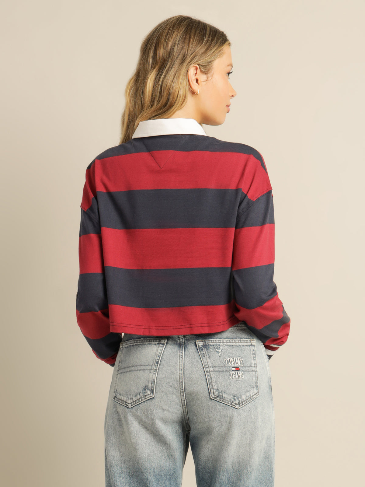Cropped Long Sleeve Polo in Cranberry Red, White &amp; Blue Stripe