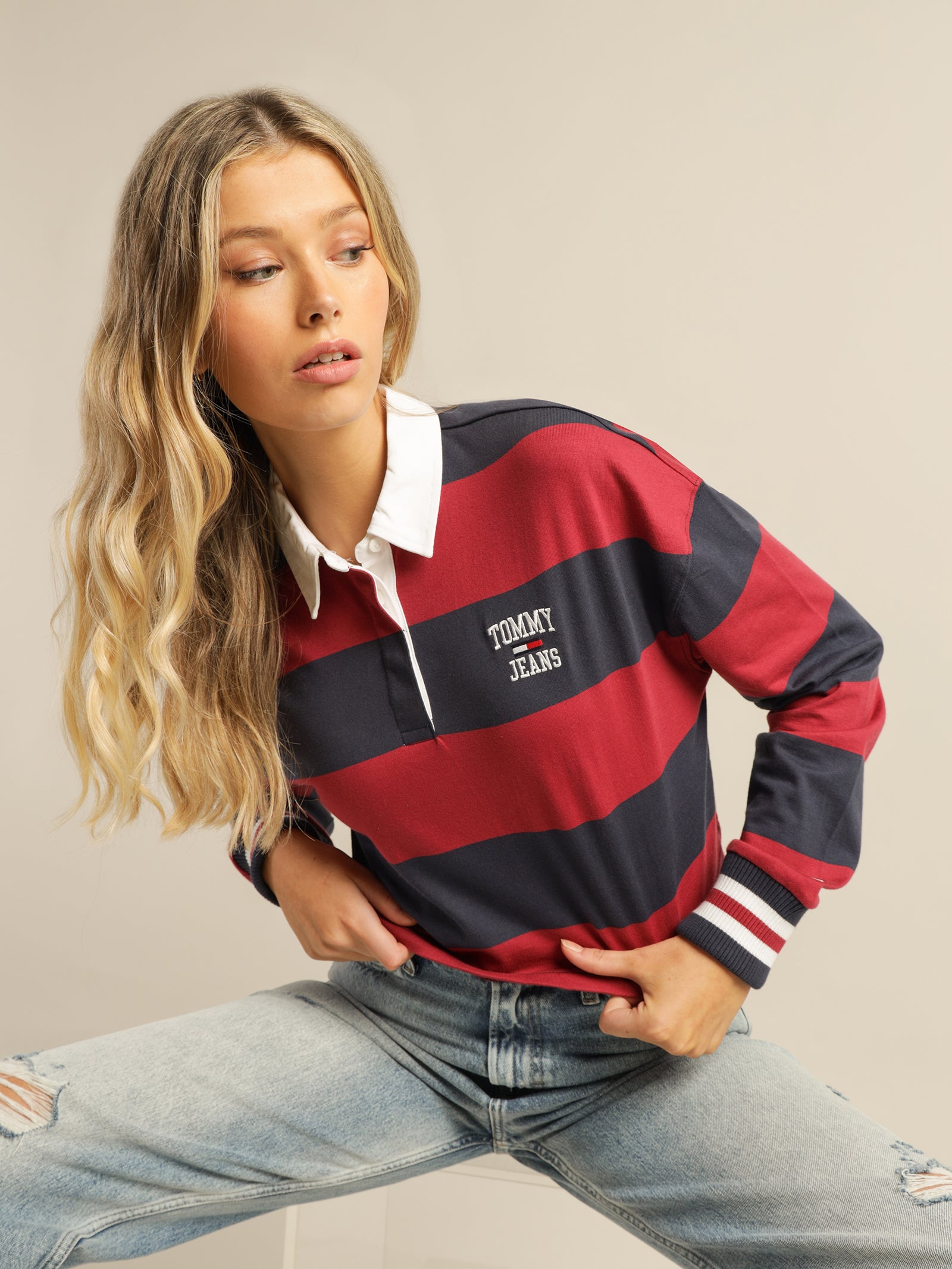 Tommy Jeans Tommy Hilfiger Long Sleeve Polo Shirts Womens Cropped