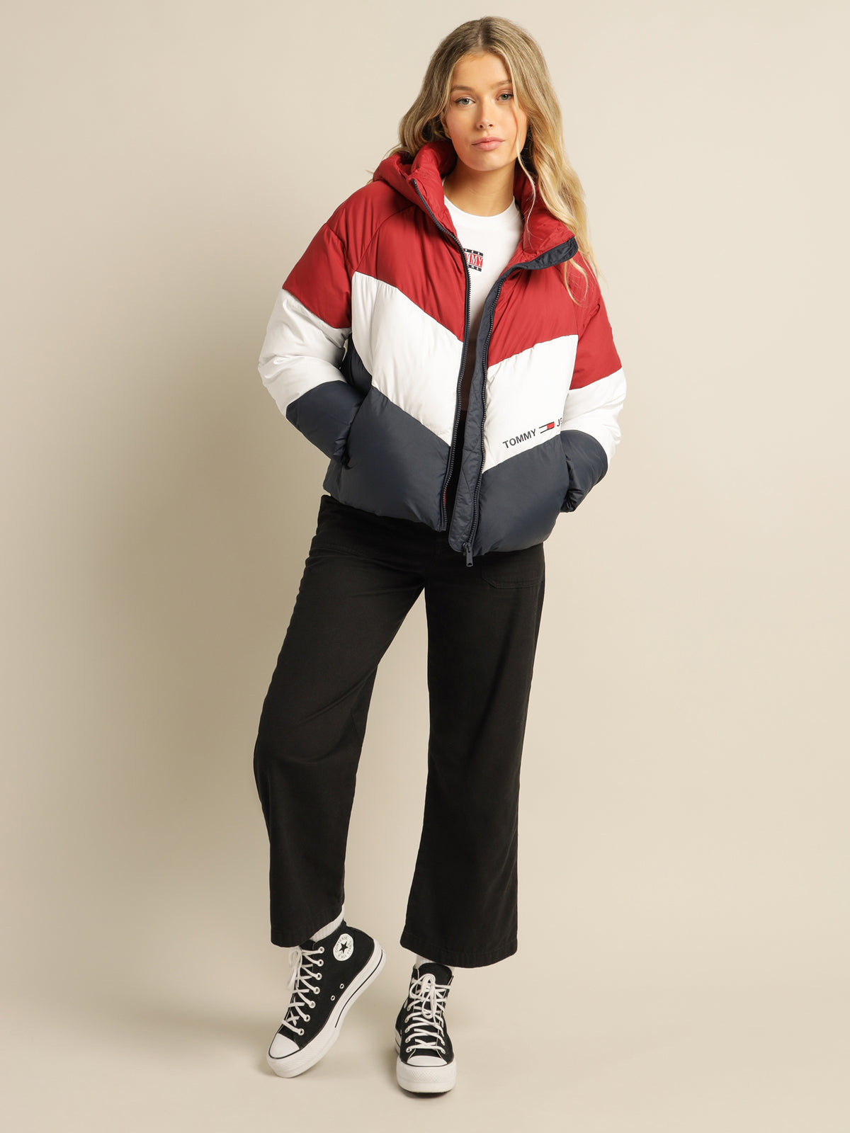 Essential Down Chevron Puffer Jacket in Cranberry Red, White &amp; Blue