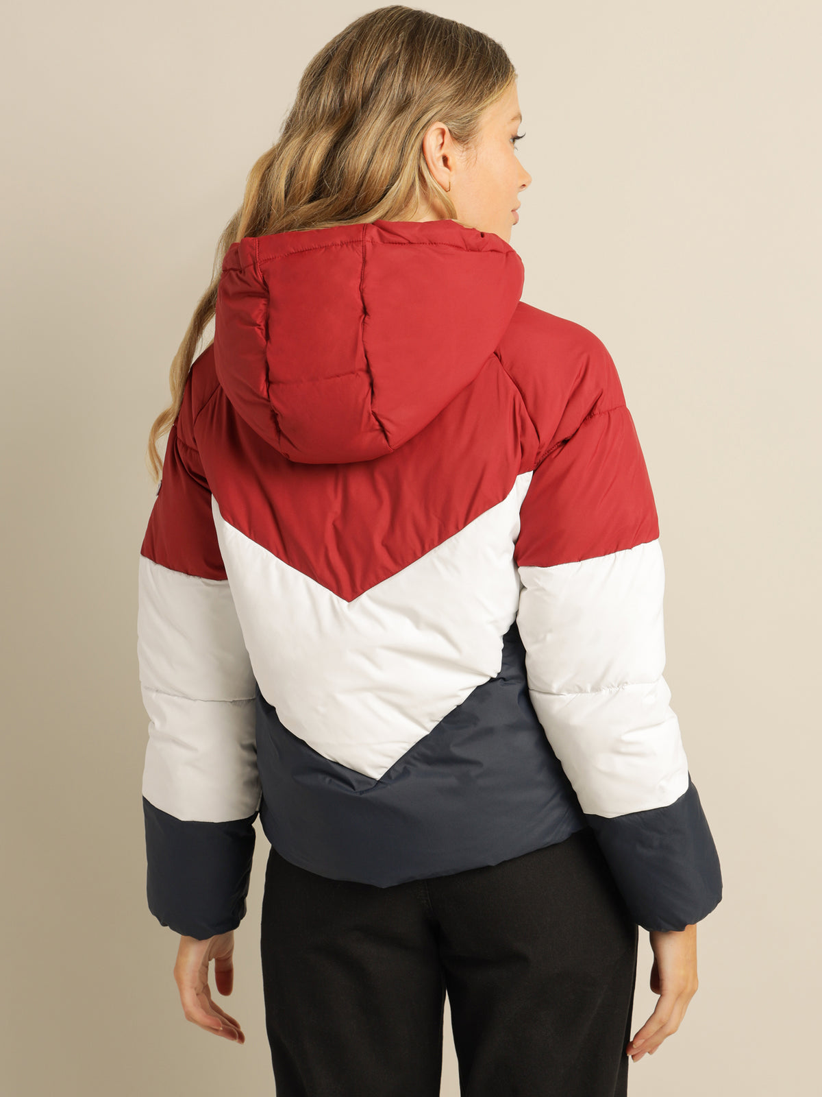 Essential Down Chevron Puffer Jacket in Cranberry Red, White &amp; Blue