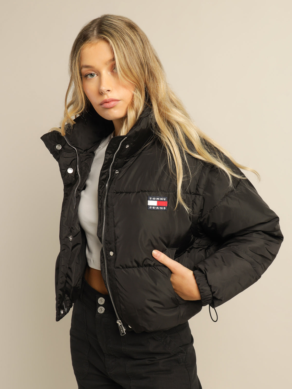 Recycled Convertible Crop Vest Puffer Jacket in Black