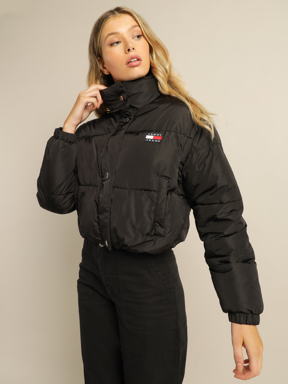 Recycled Convertible Crop Vest Puffer Jacket in Black