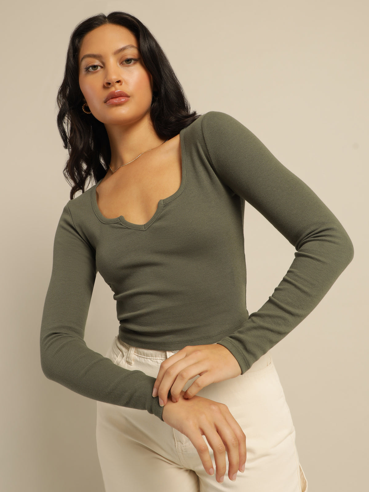 Tina Notch Front Long Sleeve Top in Forest Green