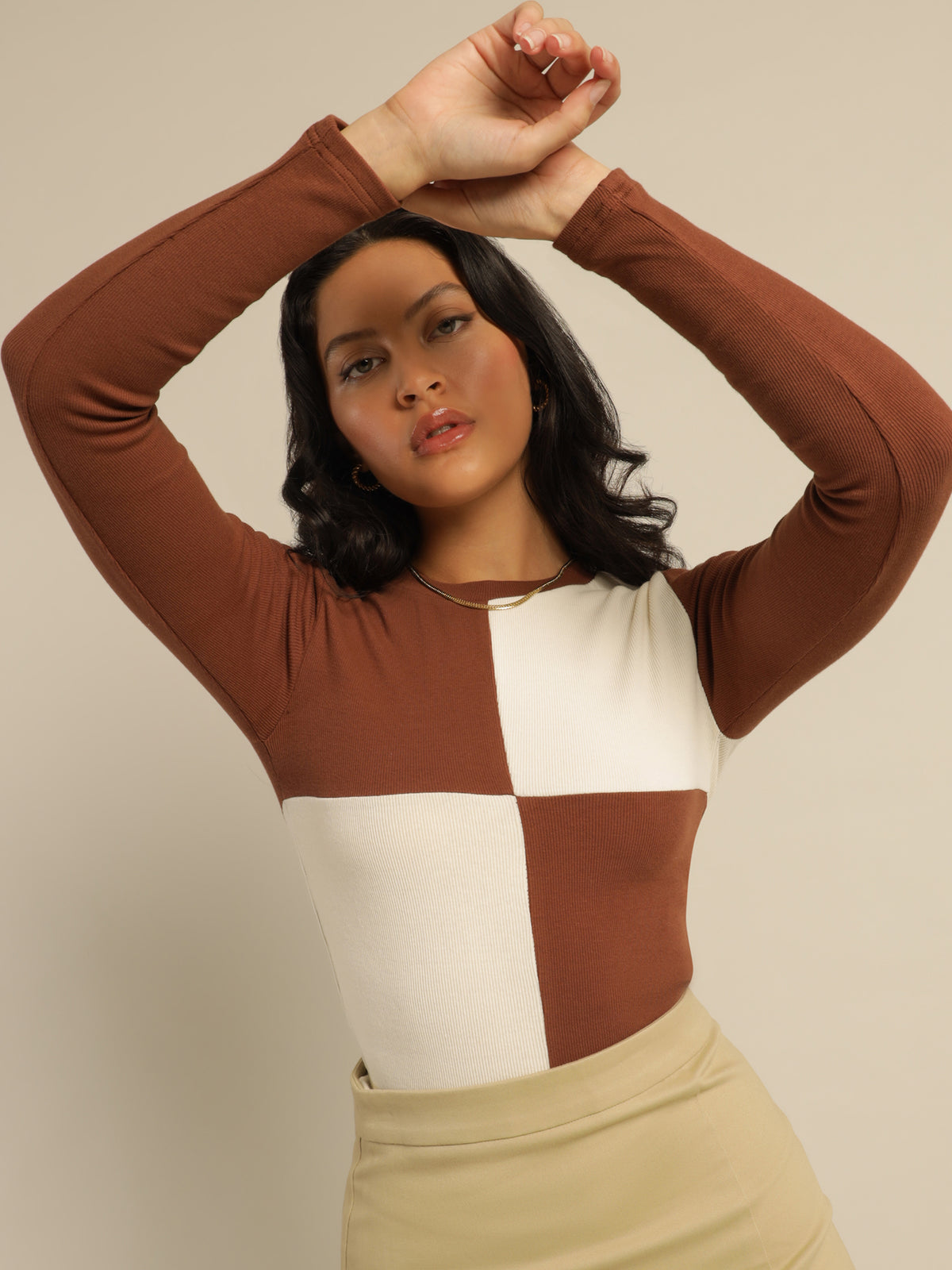 Lyric Patchwork Top in Brown &amp; Cream Check