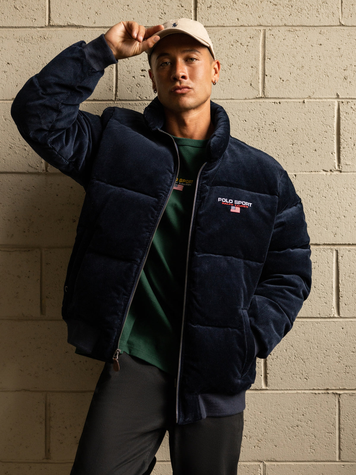 Cord Puffer Insulated Bomber Jacket in Navy