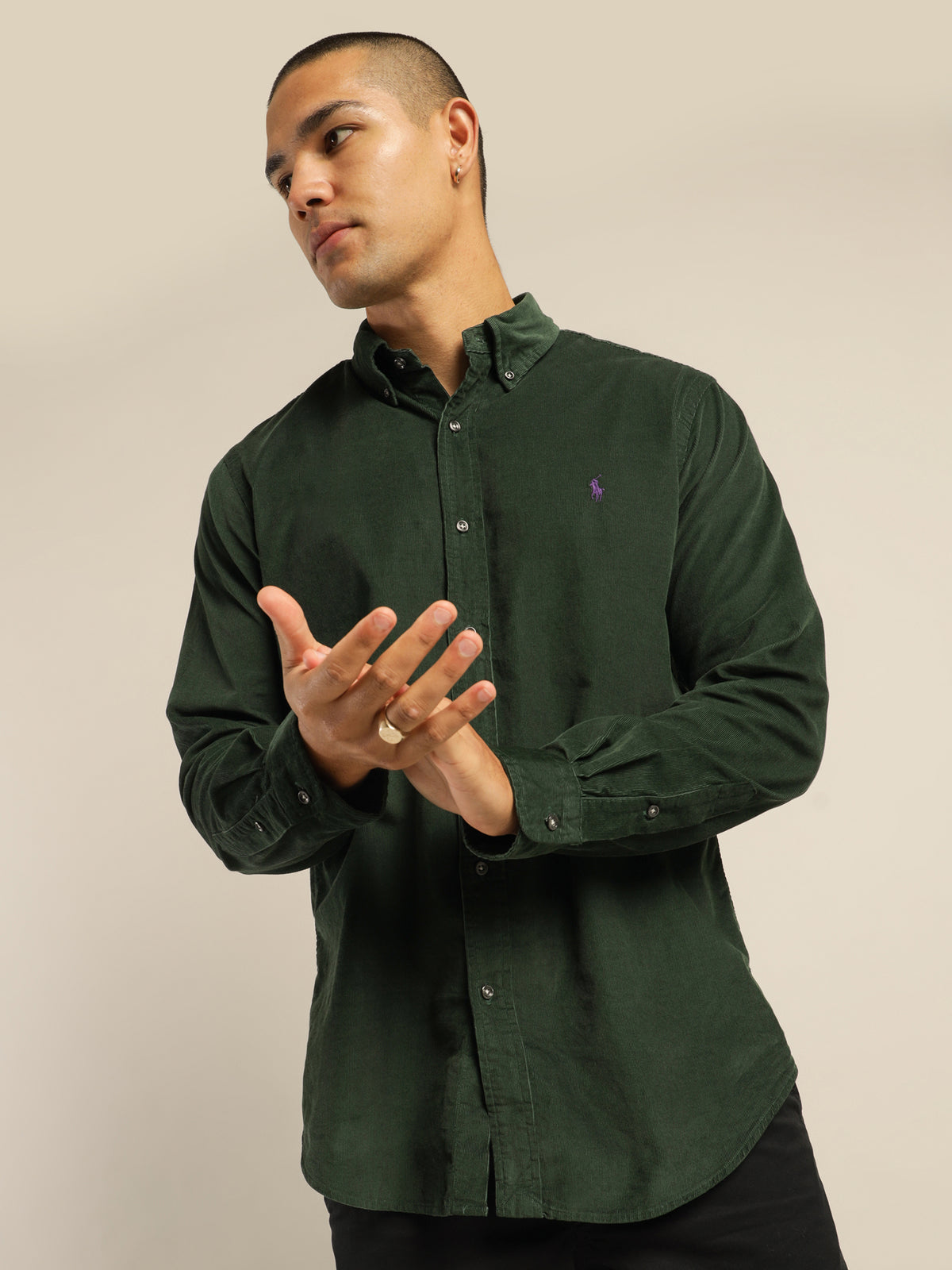 Polo Custom Fit Corduroy Long Sleeve Shirt in College Green