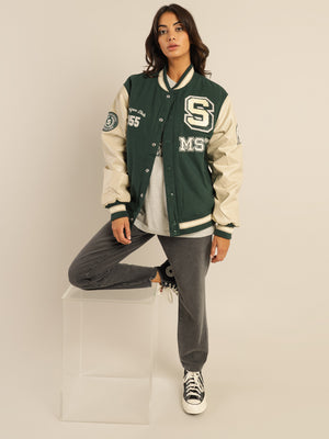 Hooded Varsity Jacket Mens in Forest Green