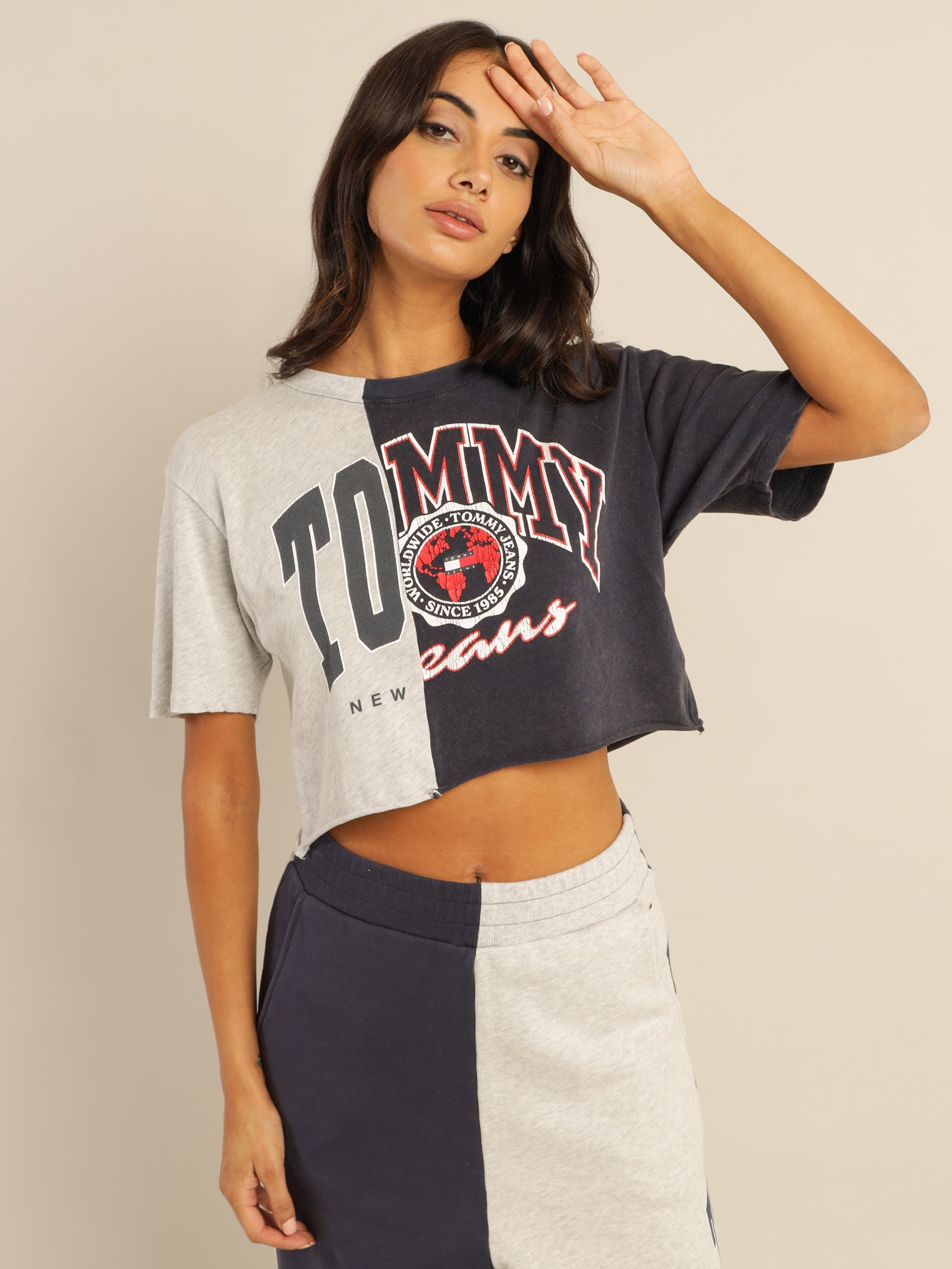 Crop College Splicing Short Sleeve T-Shirt