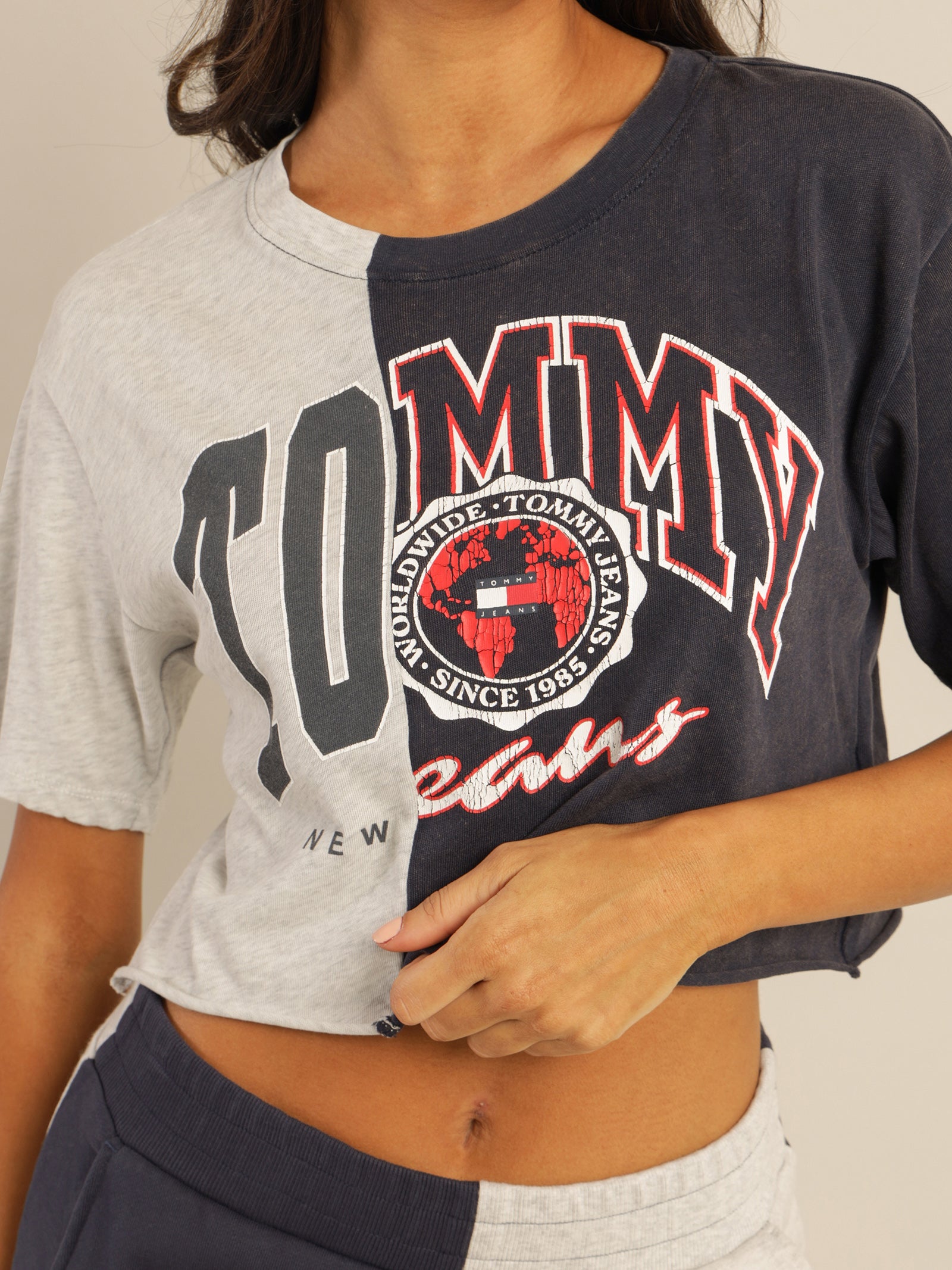 Crop College Splicing Short Sleeve T-Shirt