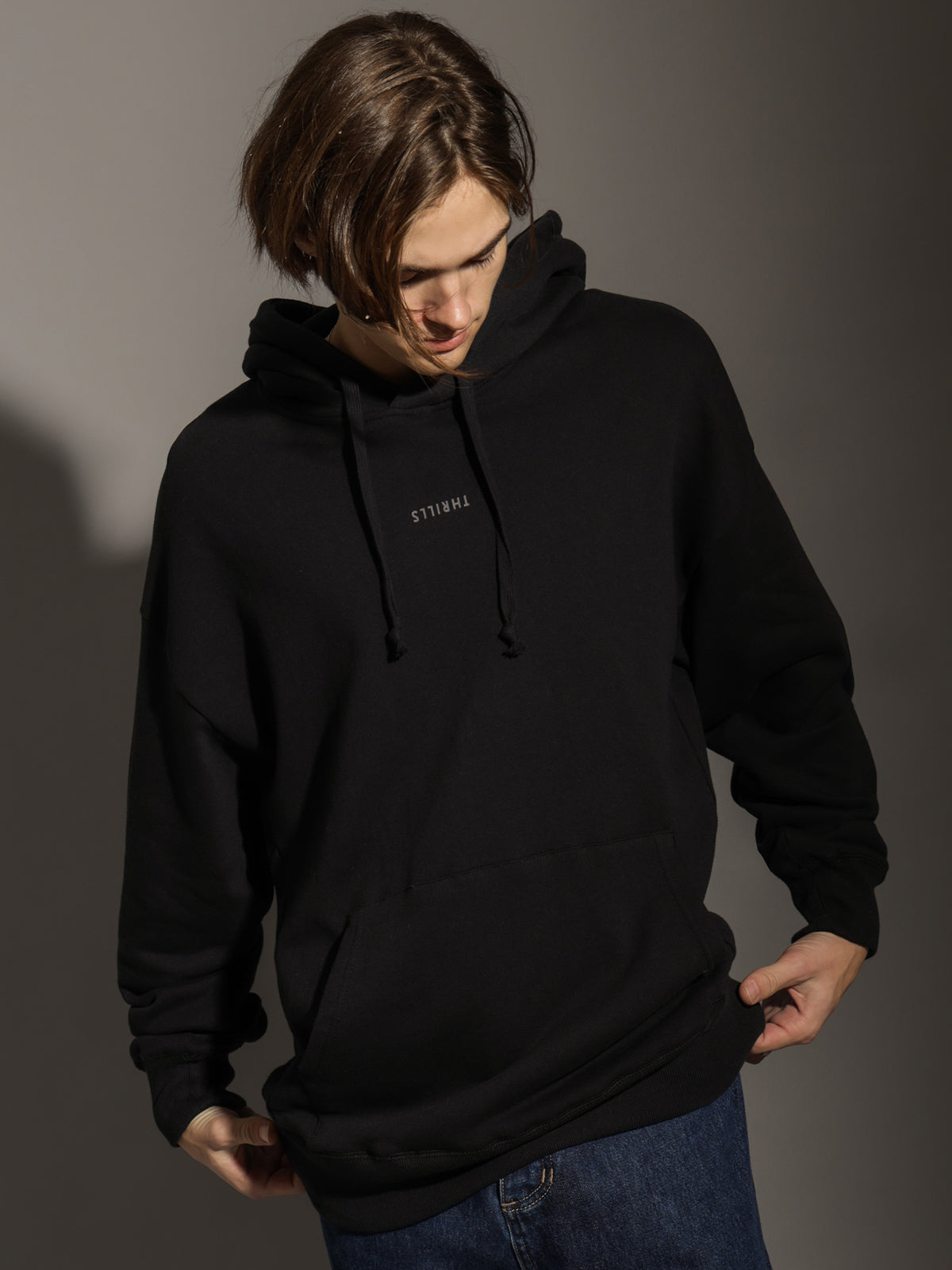 Minimal Thrills Slouch Pull On Hood in Washed Black