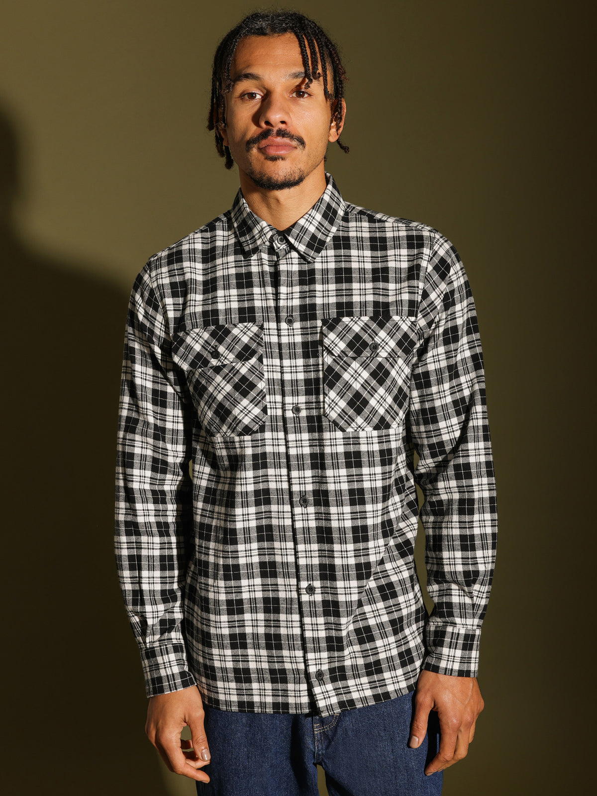 Midwest Regular Fit Long Sleeve Shirt in White &amp; Black