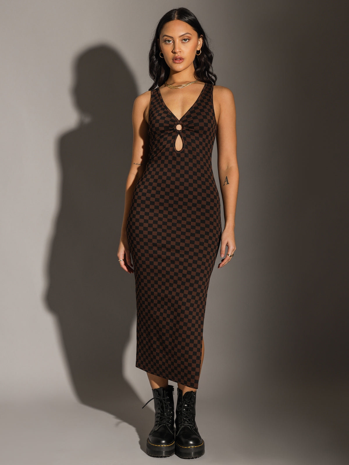 Hilary Ring Front Dress in Choc Brown &amp; Black Checkerboard