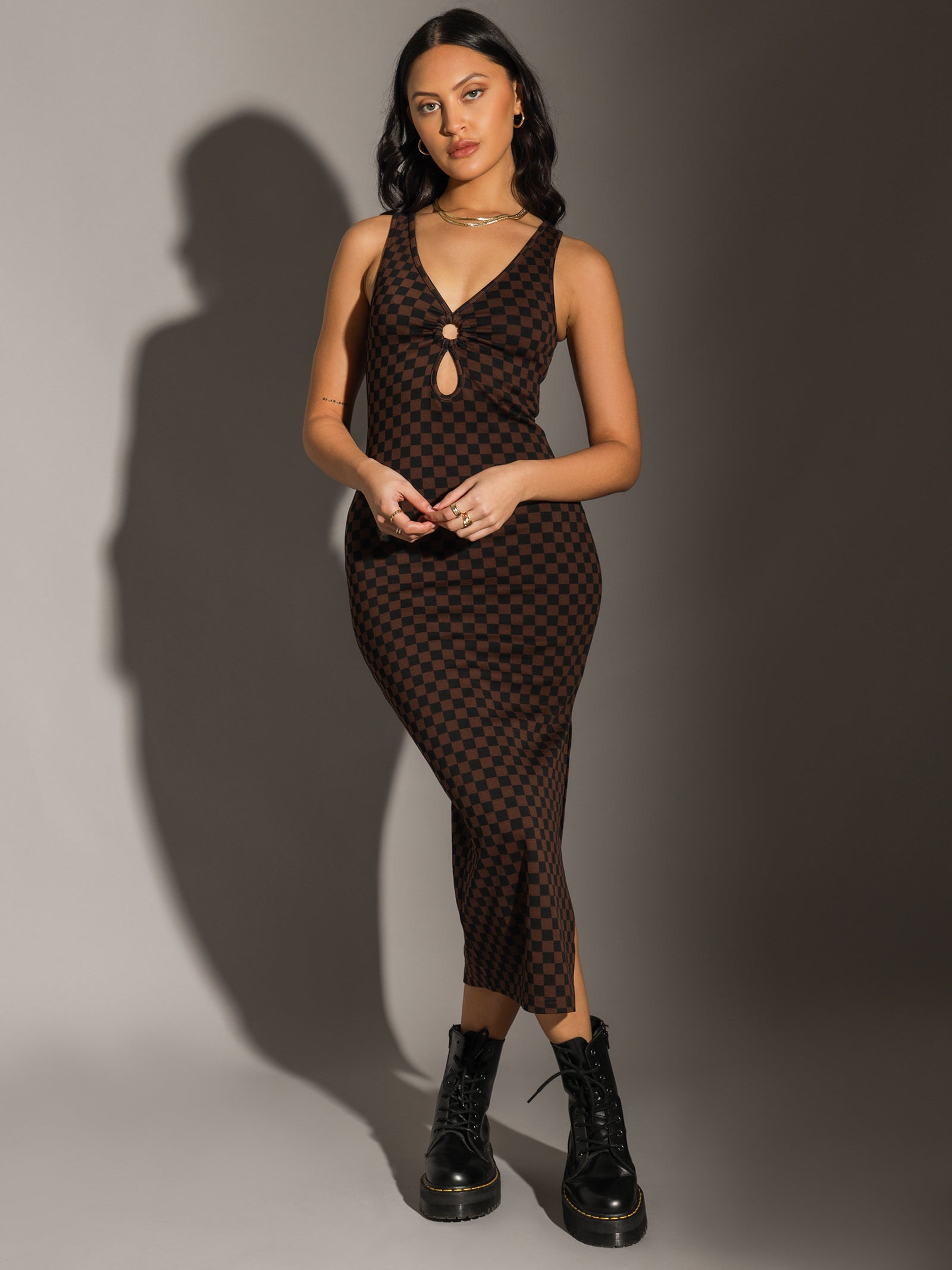 Hilary Ring Front Dress in Choc Brown & Black Checkerboard