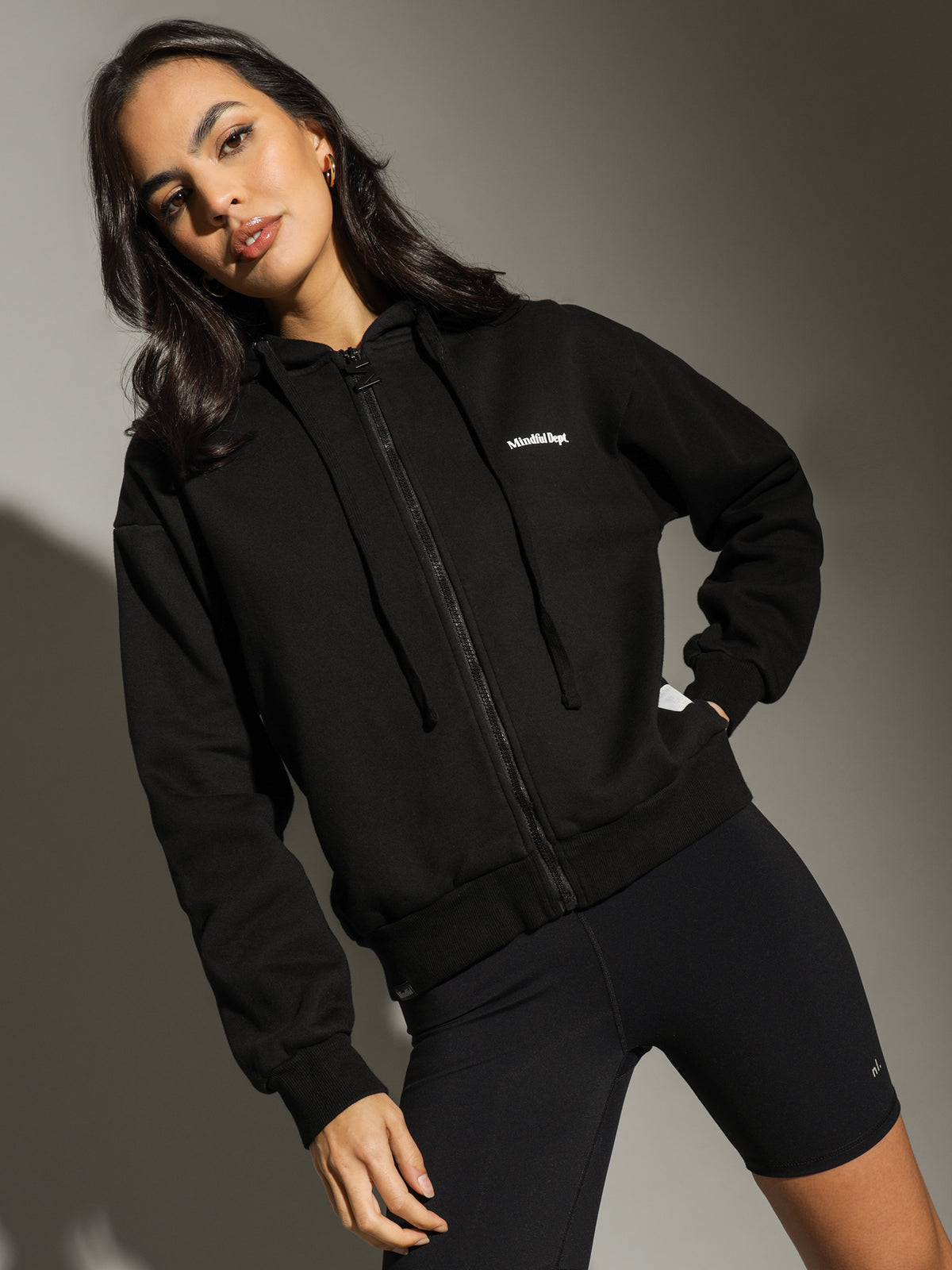 Positive Zip Through Hood Jacket in Black Garment Dyed
