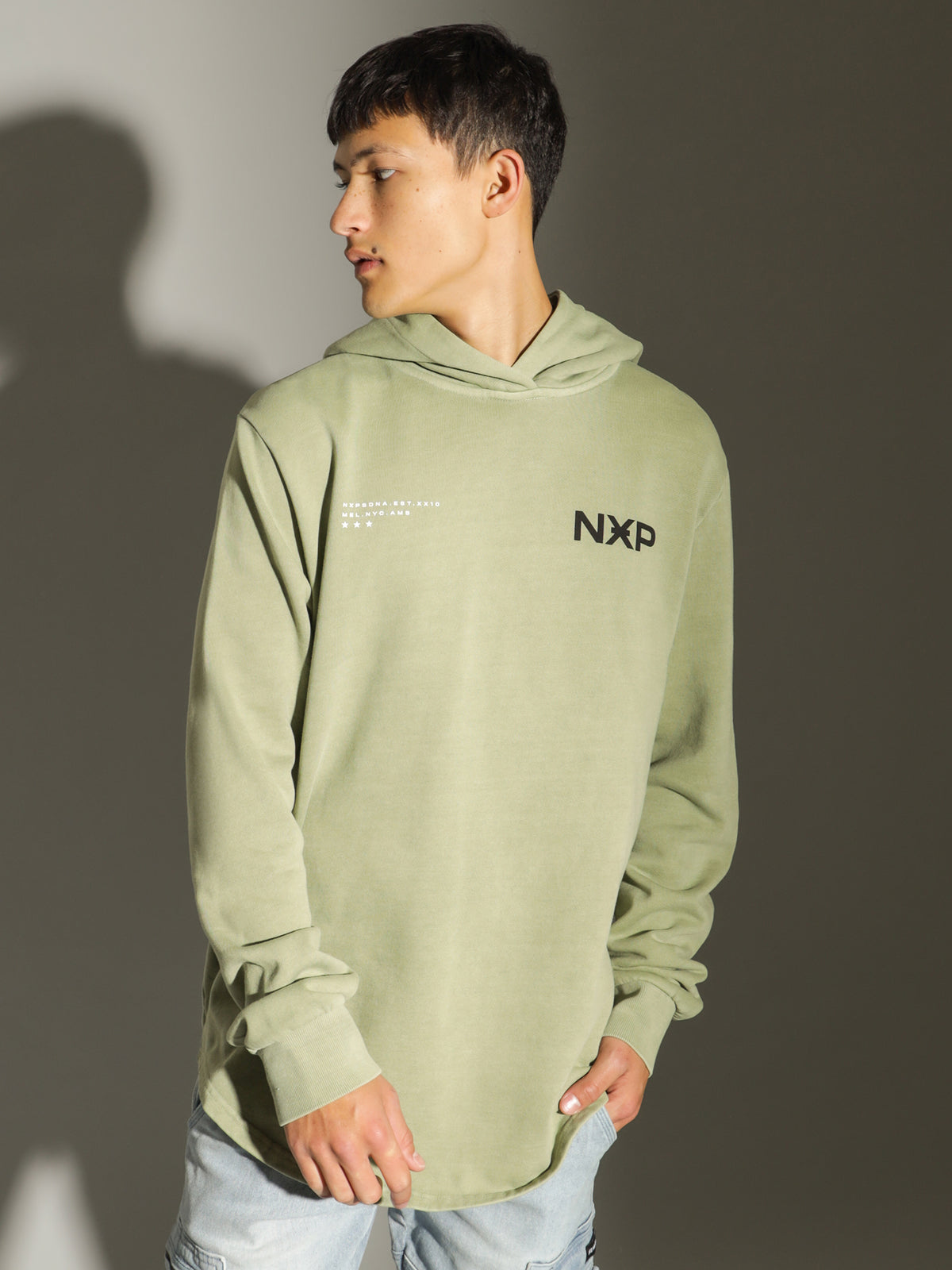 Nosebleeds Hooded Dual Curved Sweater in Pigment Tea