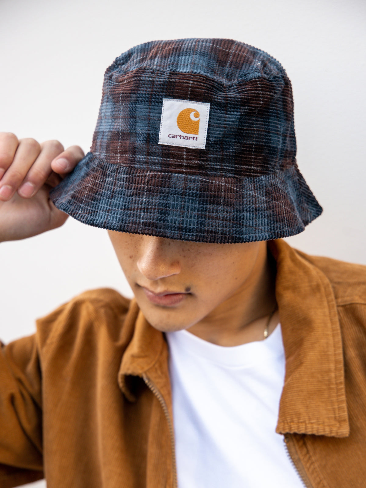 Cord Bucket Hat in Blue Check
