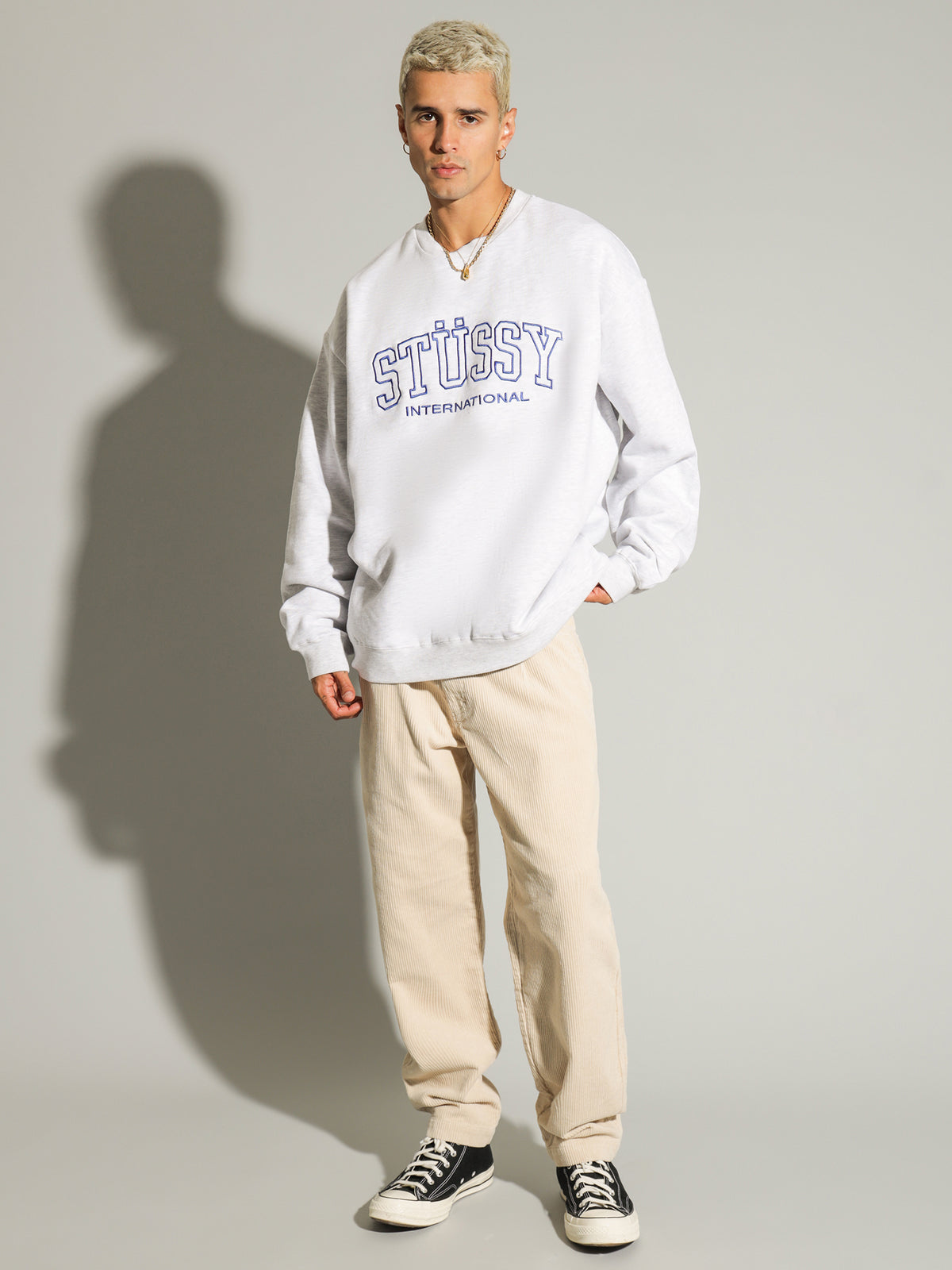 Embroidered College International Crew in Snow Marle