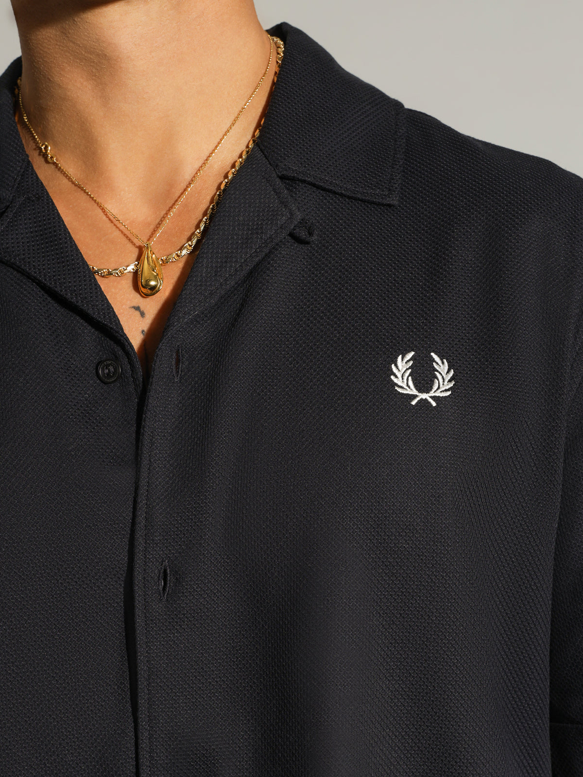 Pique Texture Revere Collar Shirt in Navy