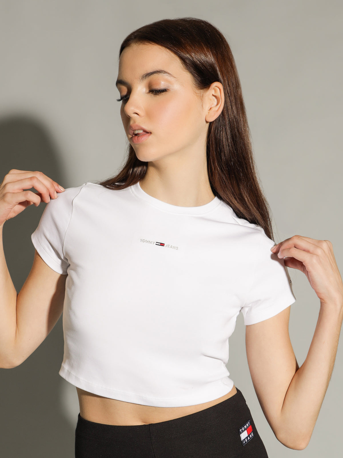 Baby Crop Tiny Linear Short Sleeve Top in White