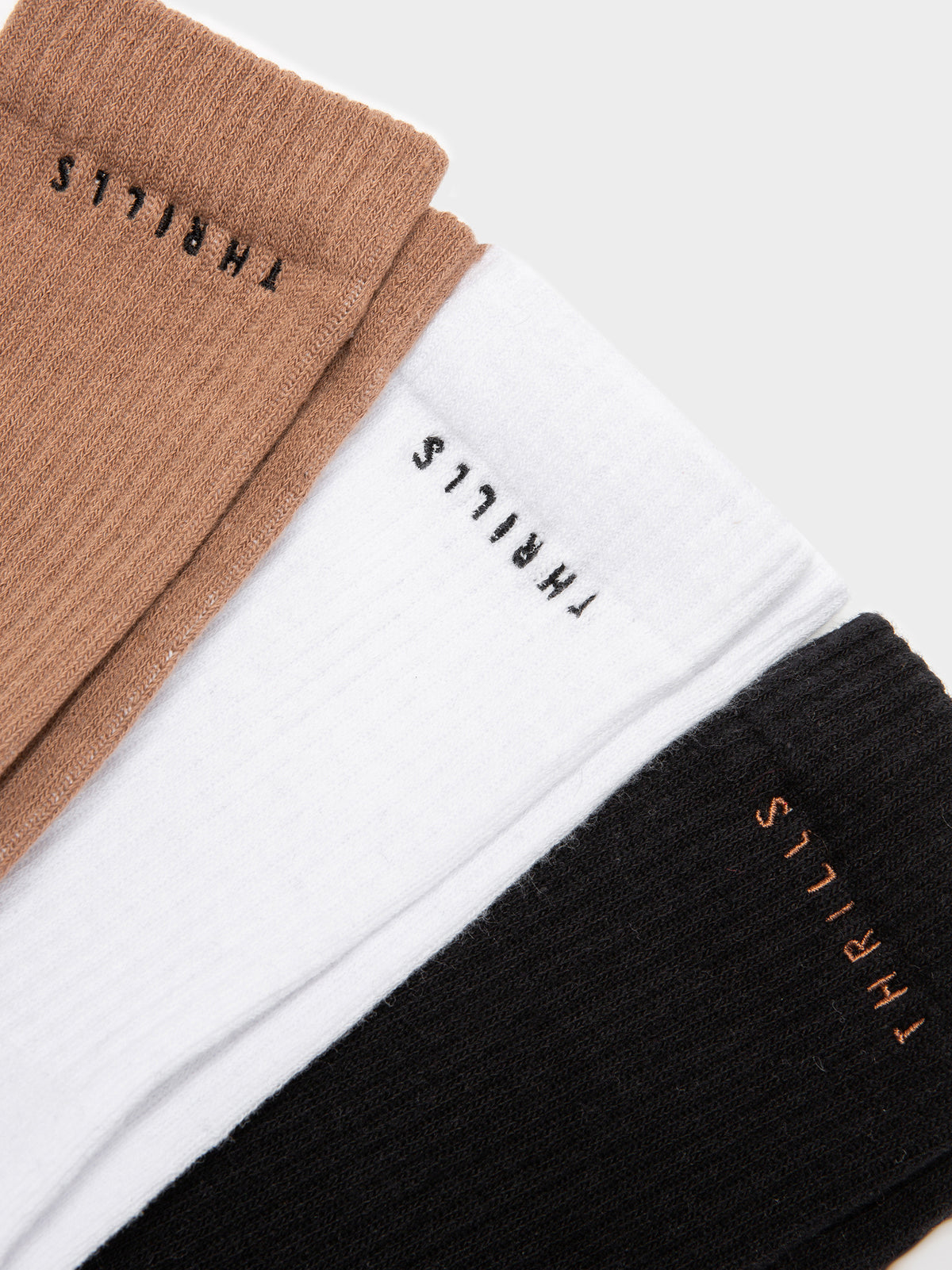 3 Pairs of Minimal Thrills Crew Socks in Brown, White &amp; Black