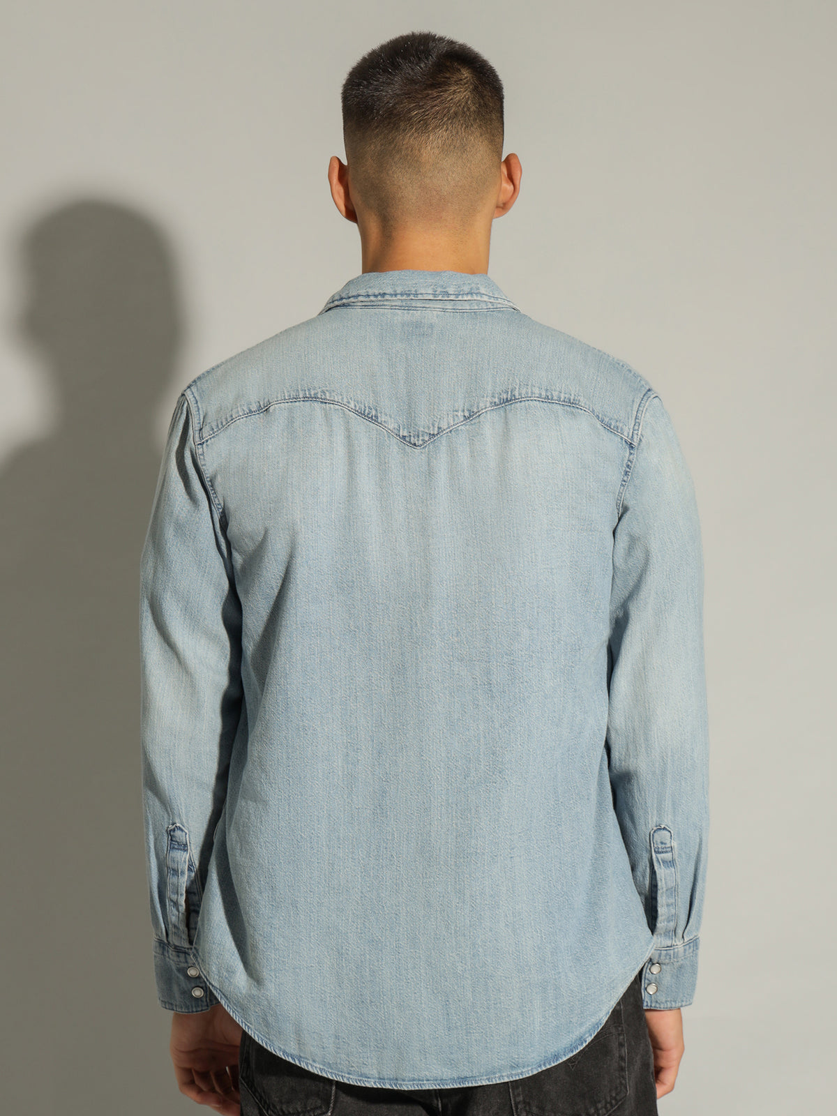 Barstow Western Denim Shirt in Red Cast Stone Blue
