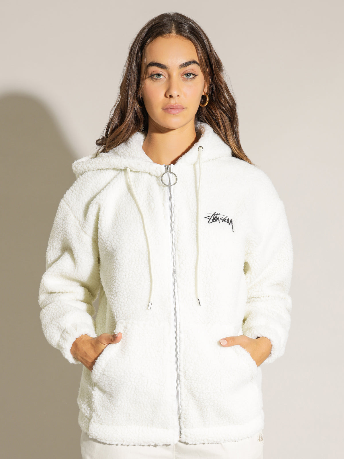 Stock Sherpa Zip Up Hoodie in Off White