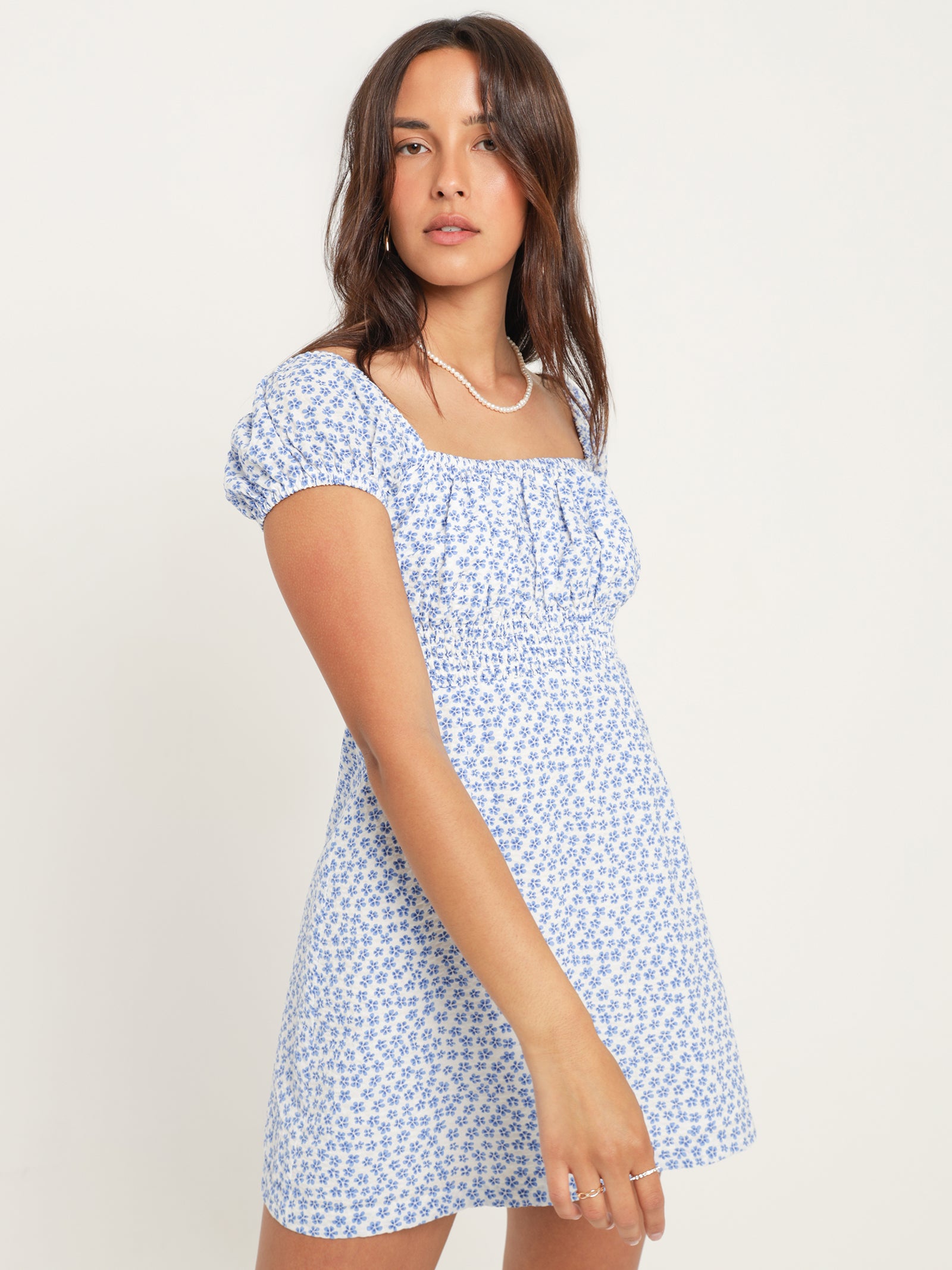 Lucie Mini Dress in Blue & White Tropez Floral Print