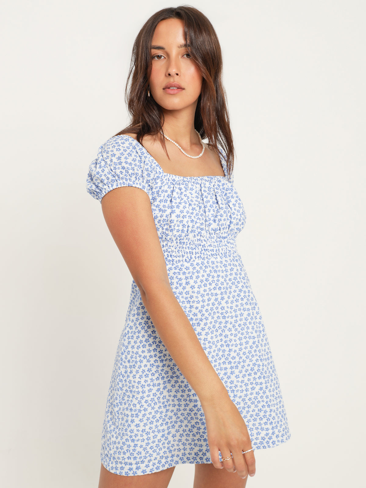 Lucie Mini Dress in Blue &amp; White Tropez Floral Print