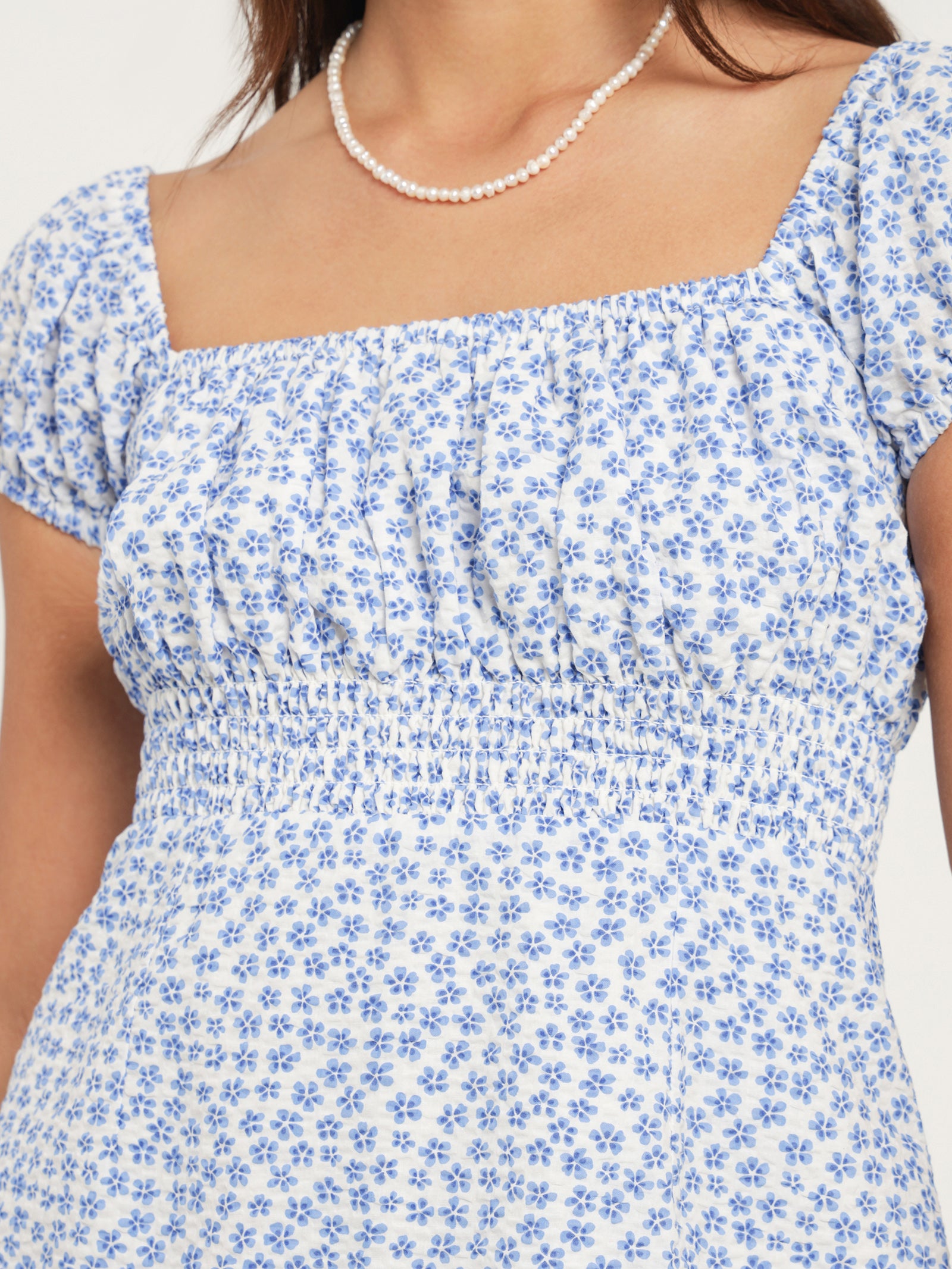 Lucie Mini Dress in Blue & White Tropez Floral Print