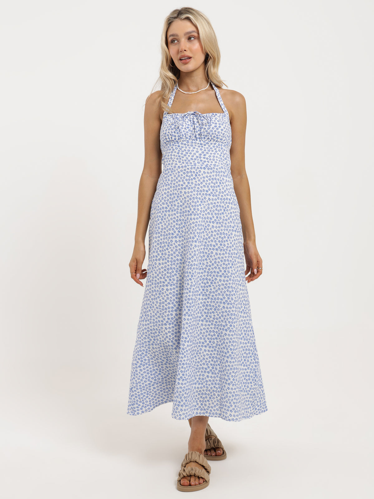 Lucie Midi Dress in Blue &amp; White Tropez Floral Print