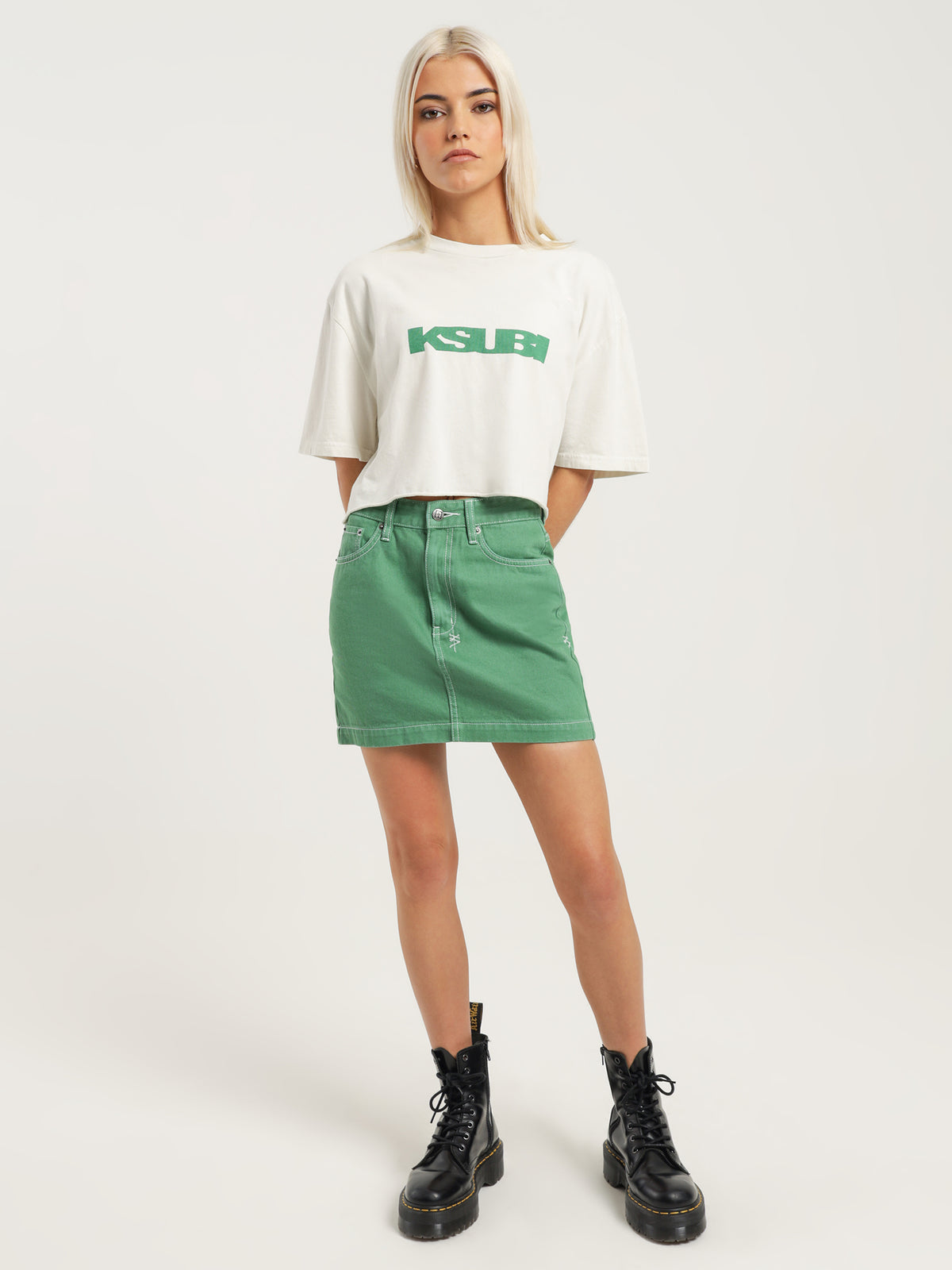 Super X Mini Denim Skirt in Jade Green