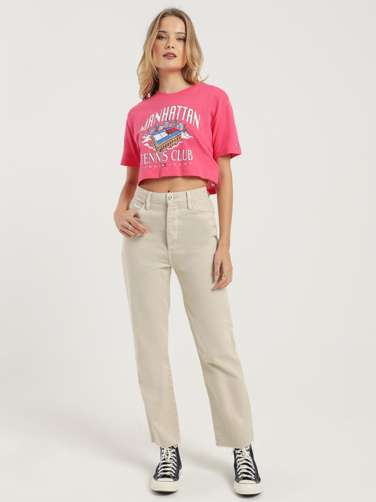 Super Crop Tommy Jeans Tennis Short Sleeve T-Shirt in Pink Alert