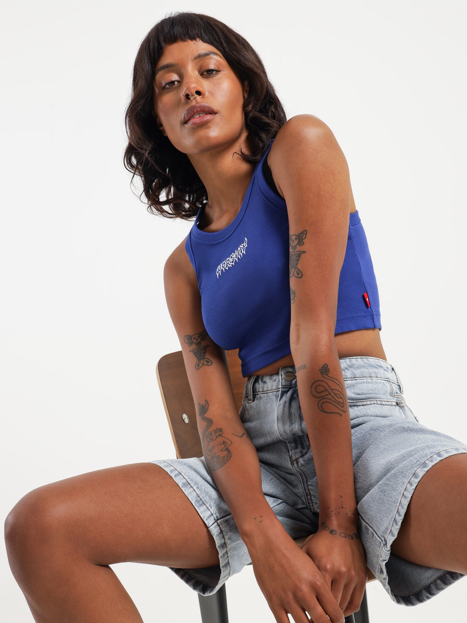 Meancore Mid Crop Tank in Surf The Web Blue