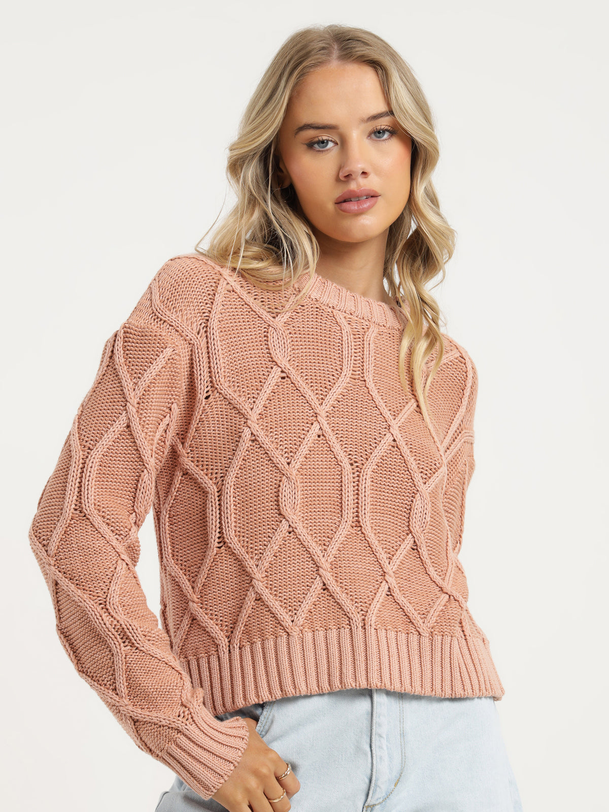 Nina Cable Knit Sweatshirt in Peach