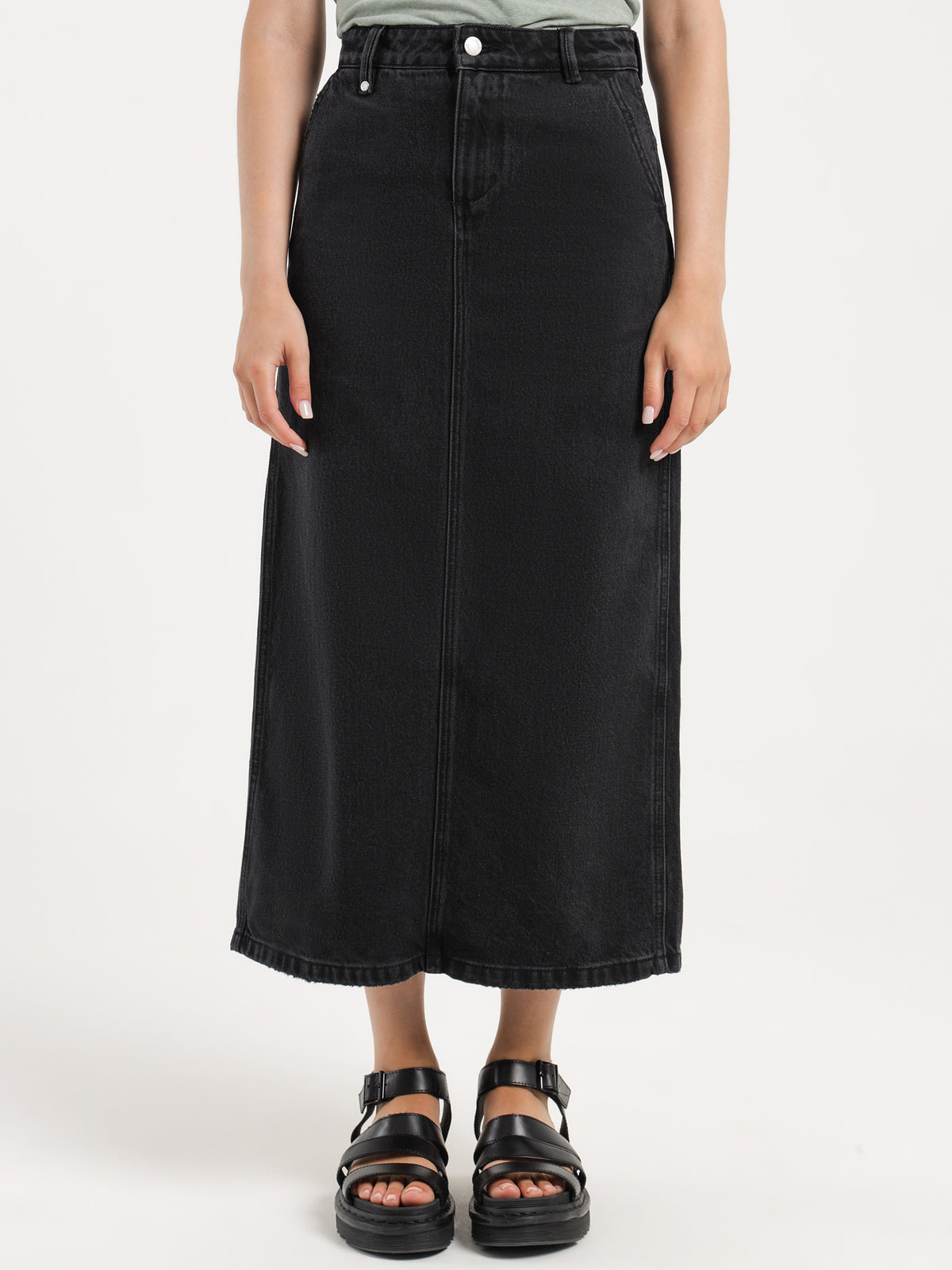 Fran Maxi Denim Skirt in Aged Black