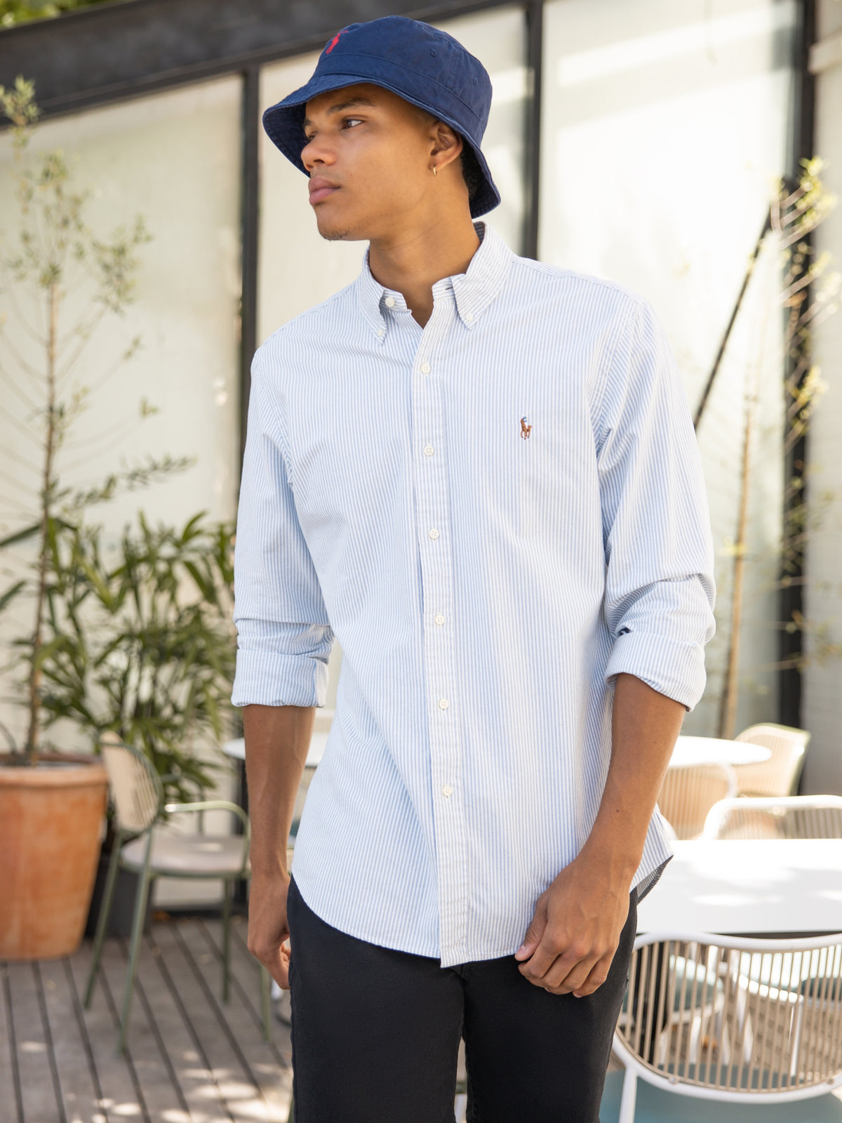 Long Sleeve Button Up Shirt in Blue &amp; White