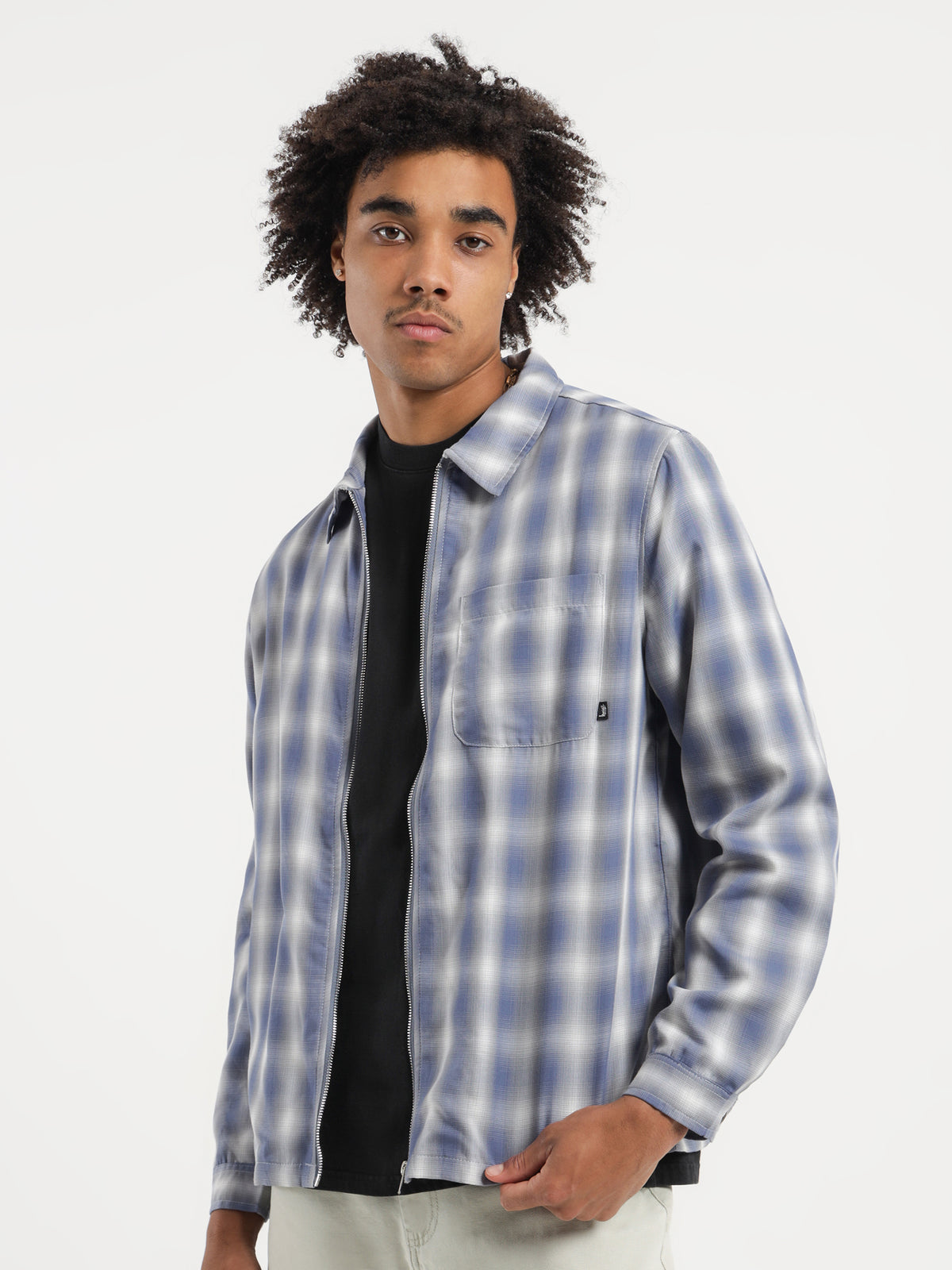 Shadow Plaid Zip Up LS Shirt in Blue