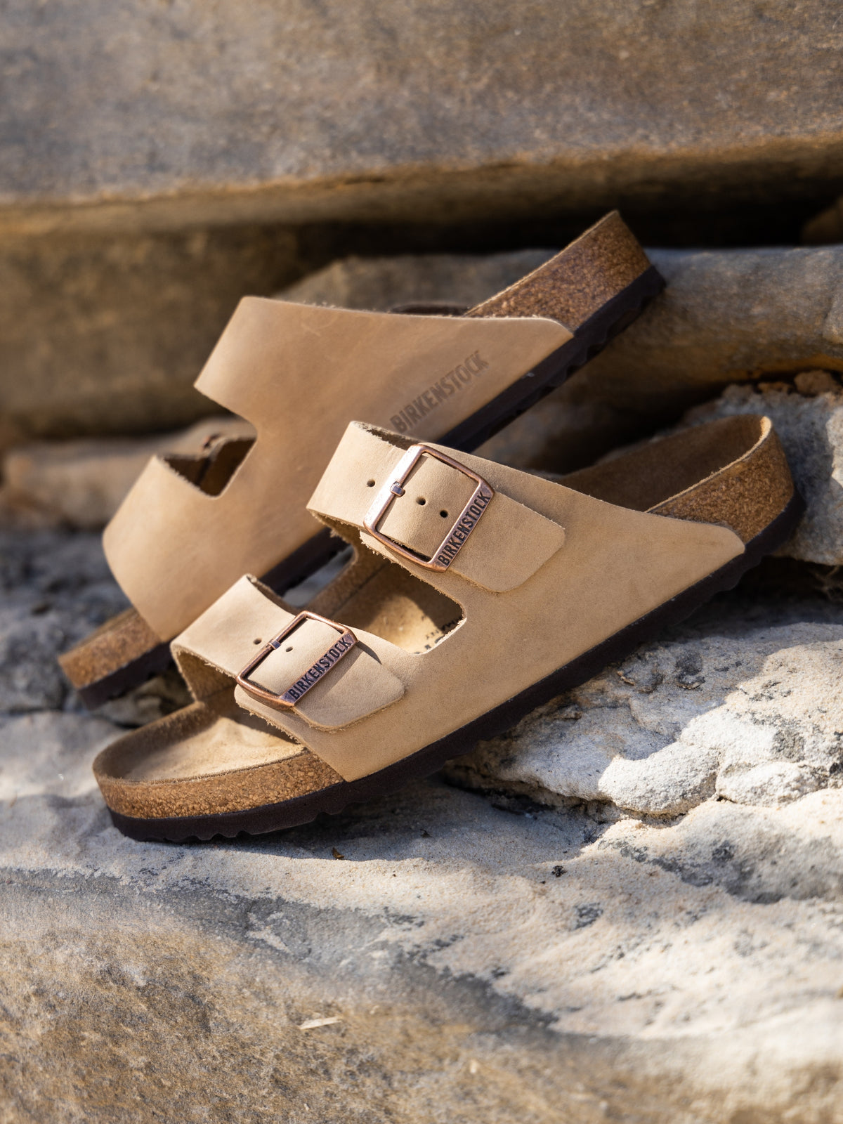 Unisex Arizona Two-Strap Regular Width Sandals in Tobacco Brown Leather