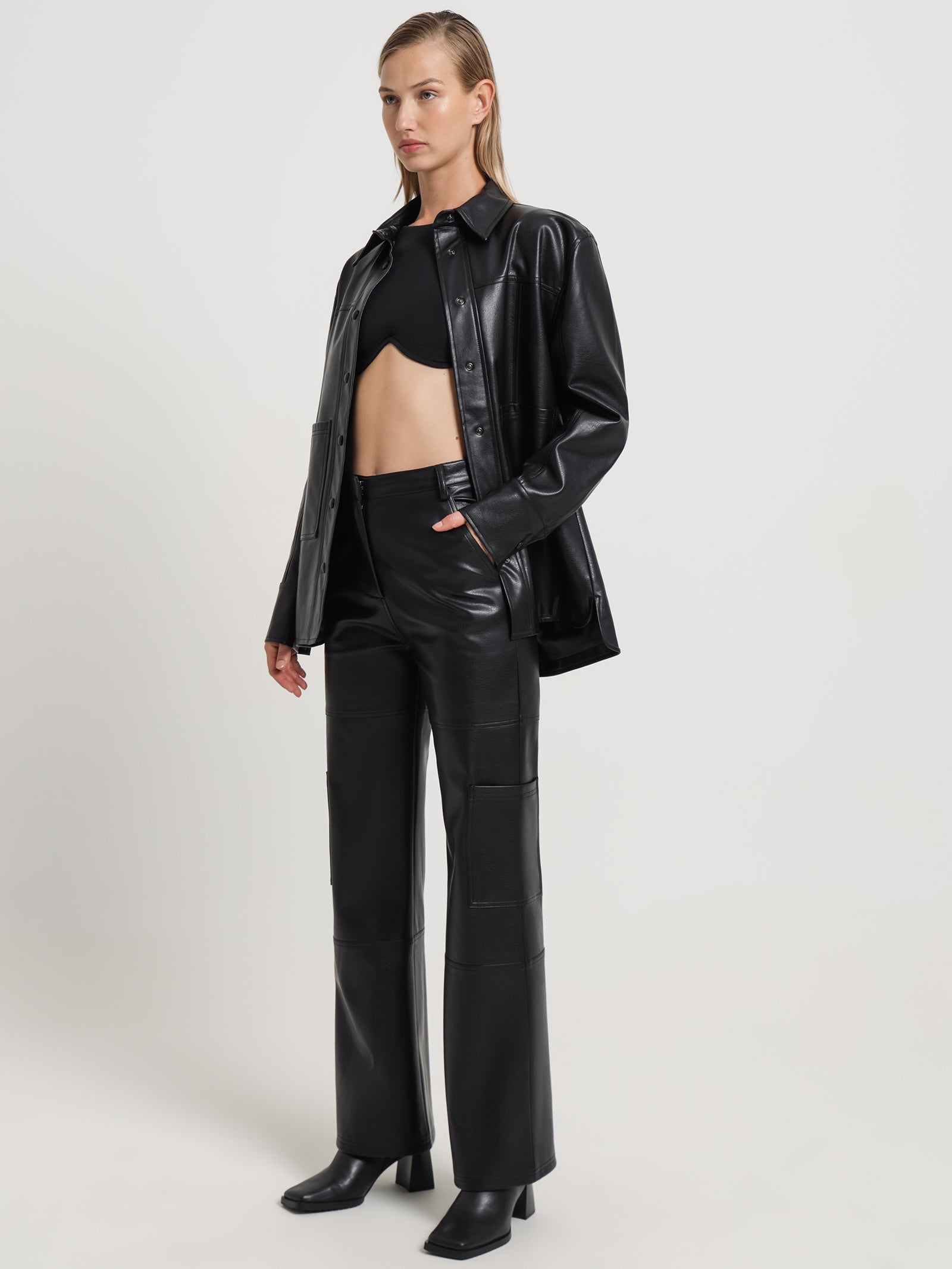 Zima Faux Leather Shacket in Black