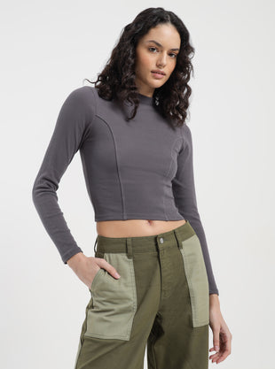 Emma High Neck Long Sleeve Top in Charcoal Grey