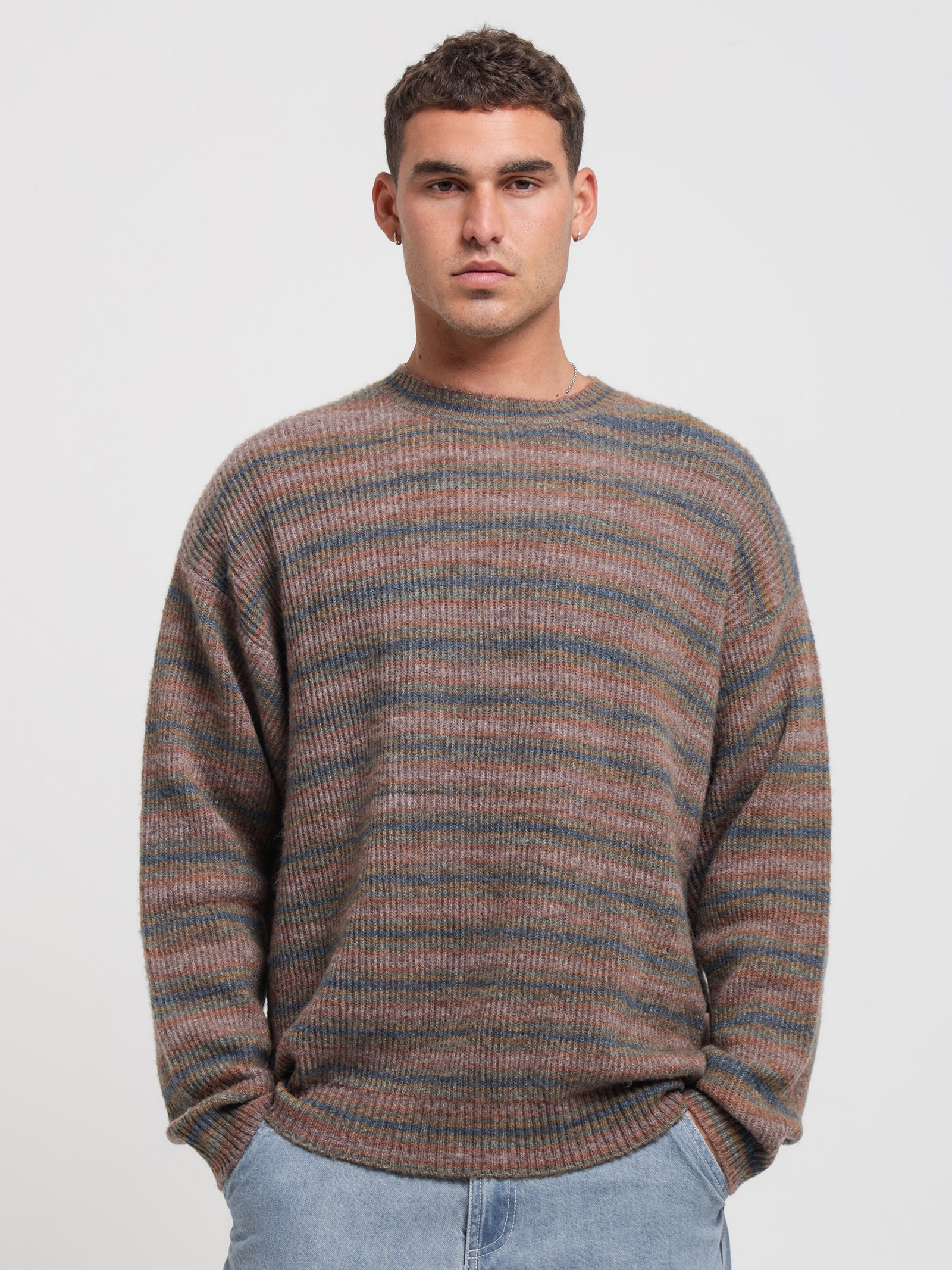 Rampage Knit Sweater in Bown & Blue Stripes - Glue Store