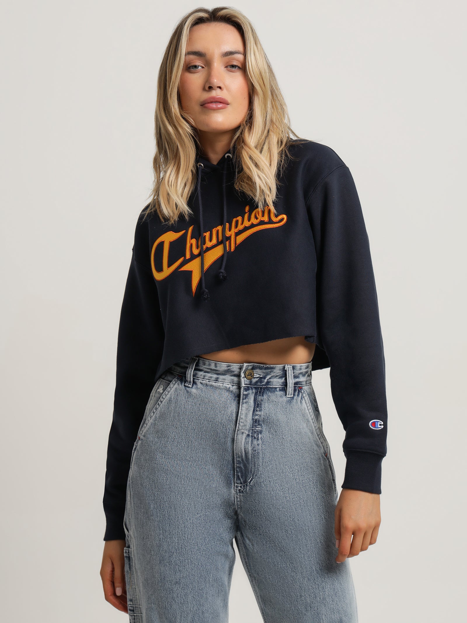 Crop Hoodie Champion Hoodie Womens Navy Reverse Weave Collegiate