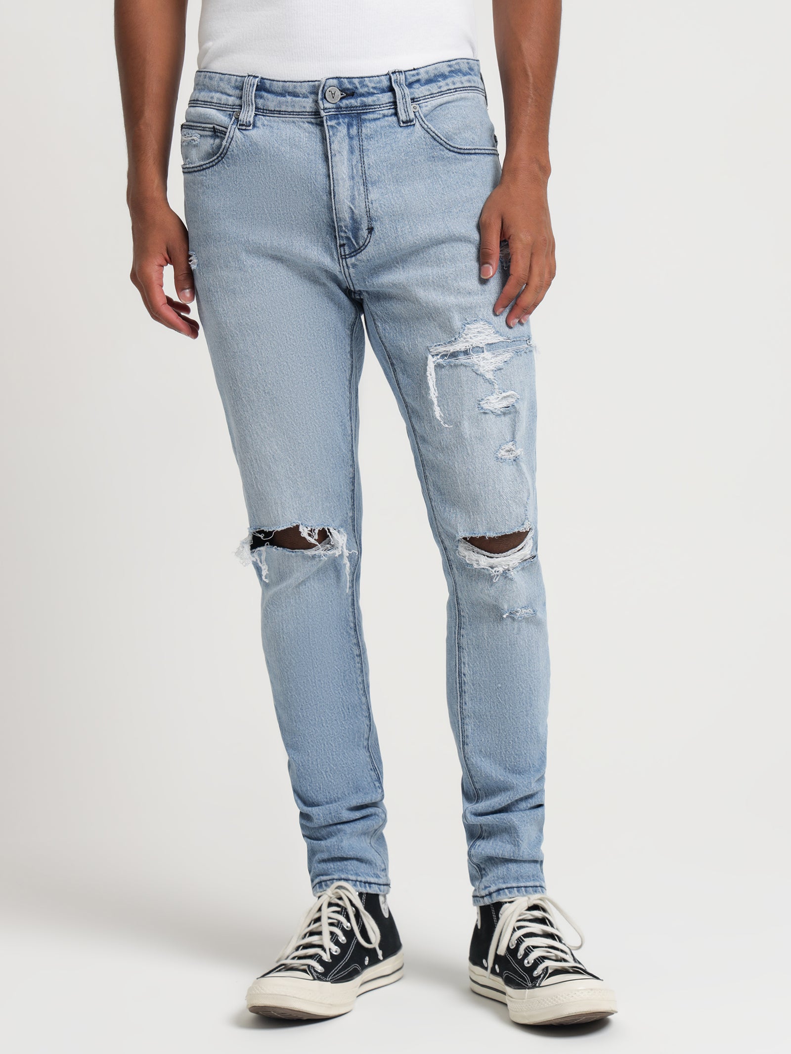 Dropped Skinny Stacked Butter Blues Shred Jeans in Denim - Glue Store