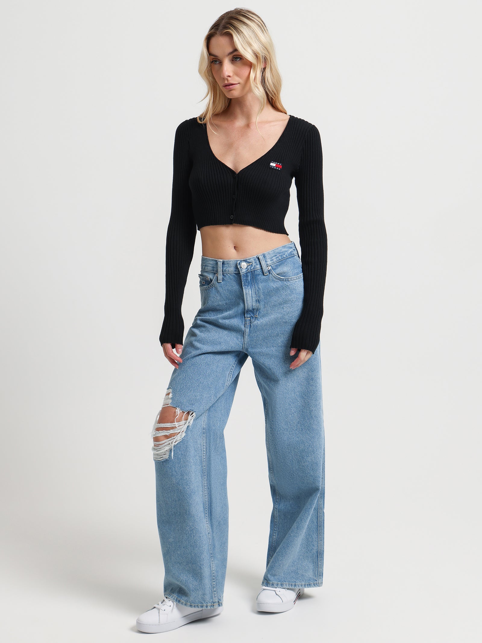 Badge Rib Knit Cropped Fit Cardigan